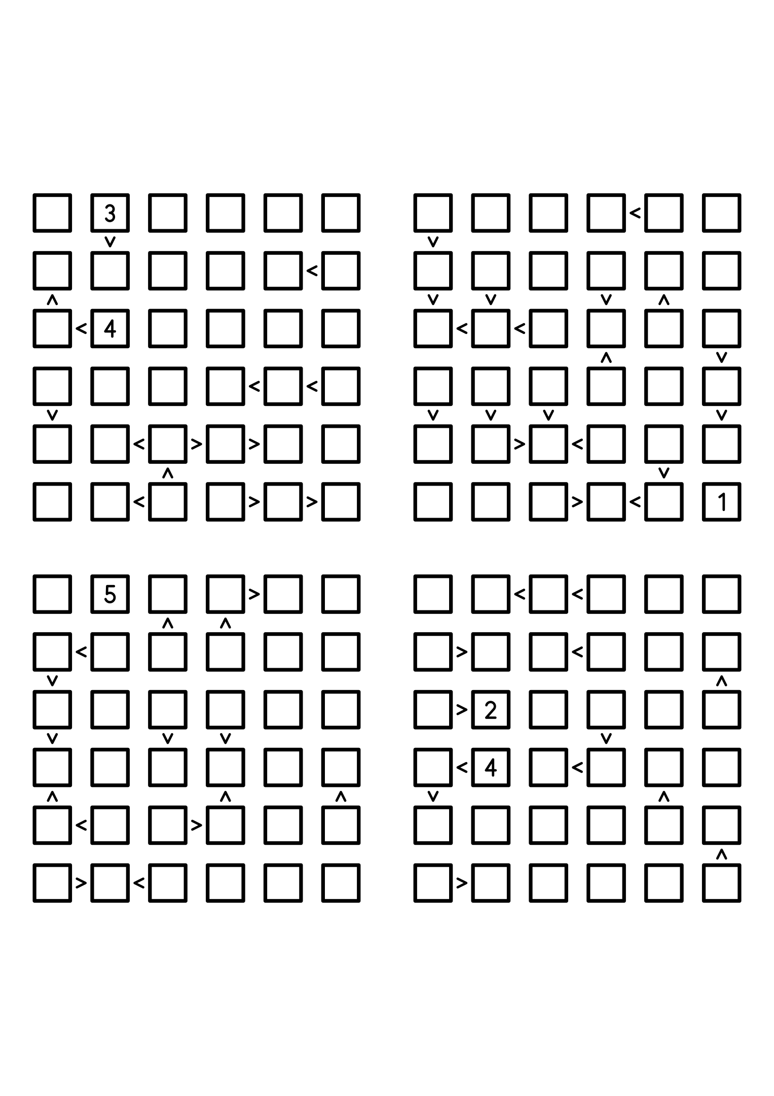 Four medium 6x6 futoshiki grids with few or no given digits and the signs that decide them. Level: Medium, 4 puzzles per page. Variant 4.