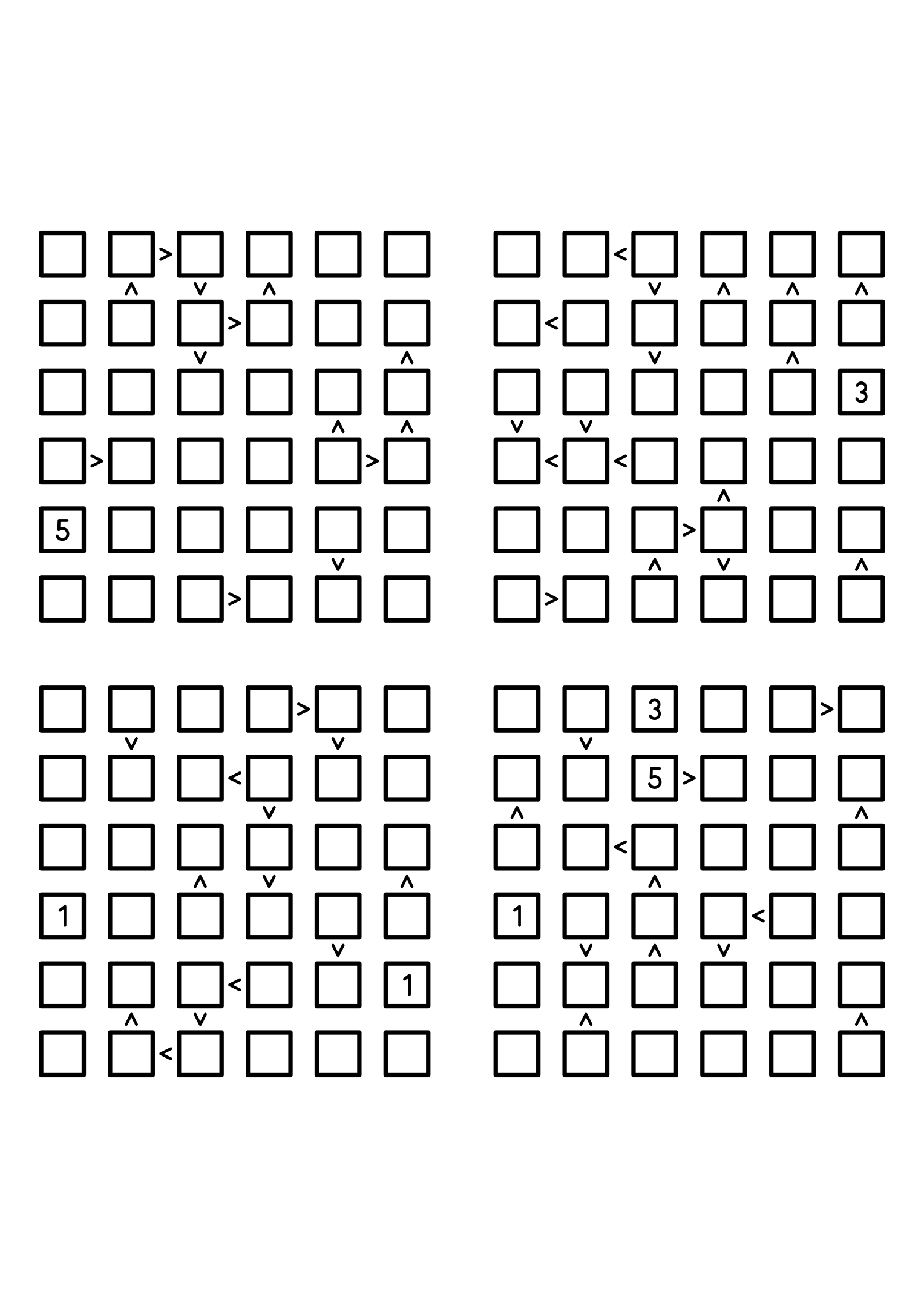 Four medium 6x6 futoshiki grids with few or no given digits and the signs that decide them. Level: Medium, 4 puzzles per page. Variant 5.