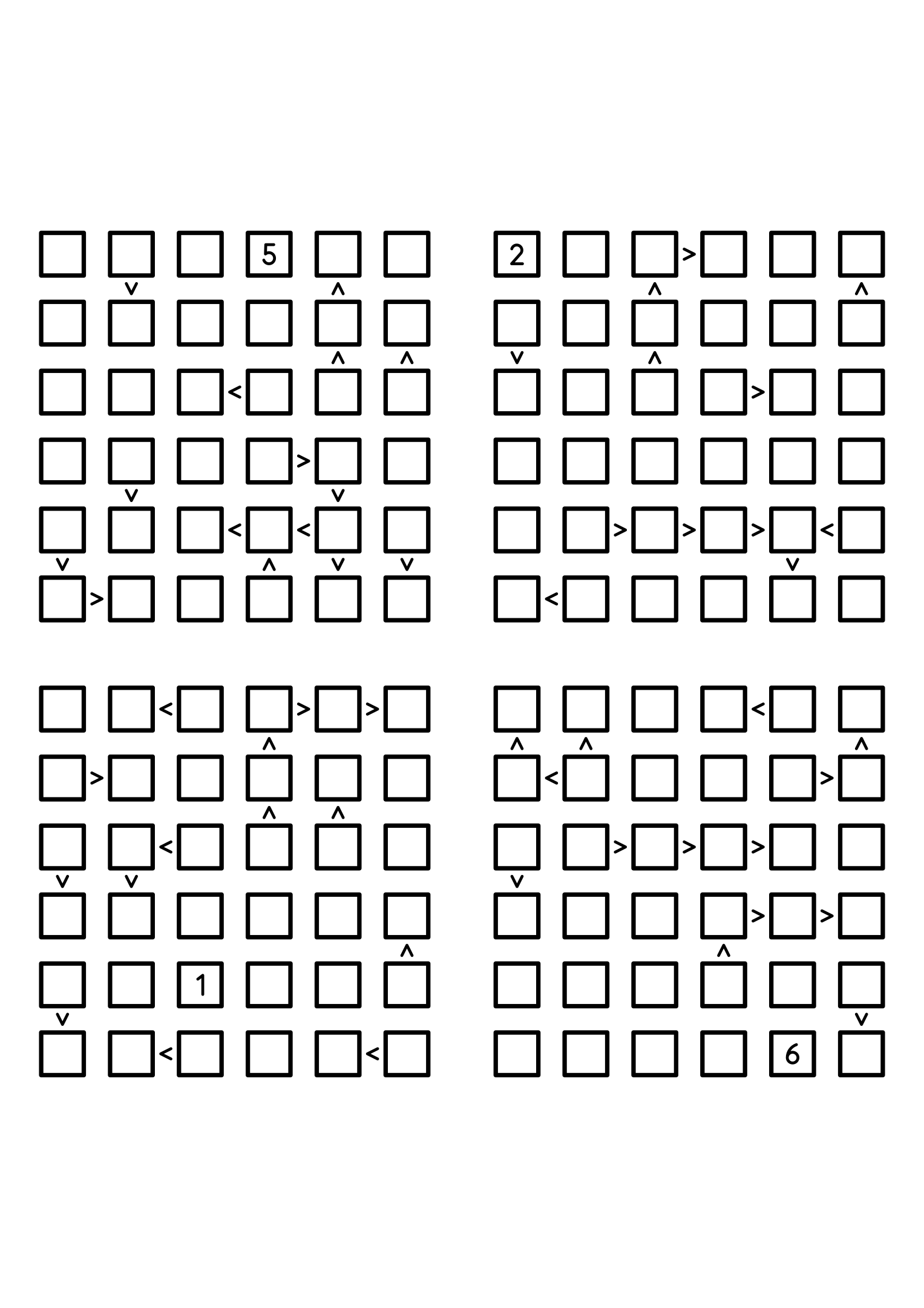 Four medium 6x6 futoshiki grids with few or no given digits and the signs that decide them. Level: Medium, 4 puzzles per page. Variant 6.