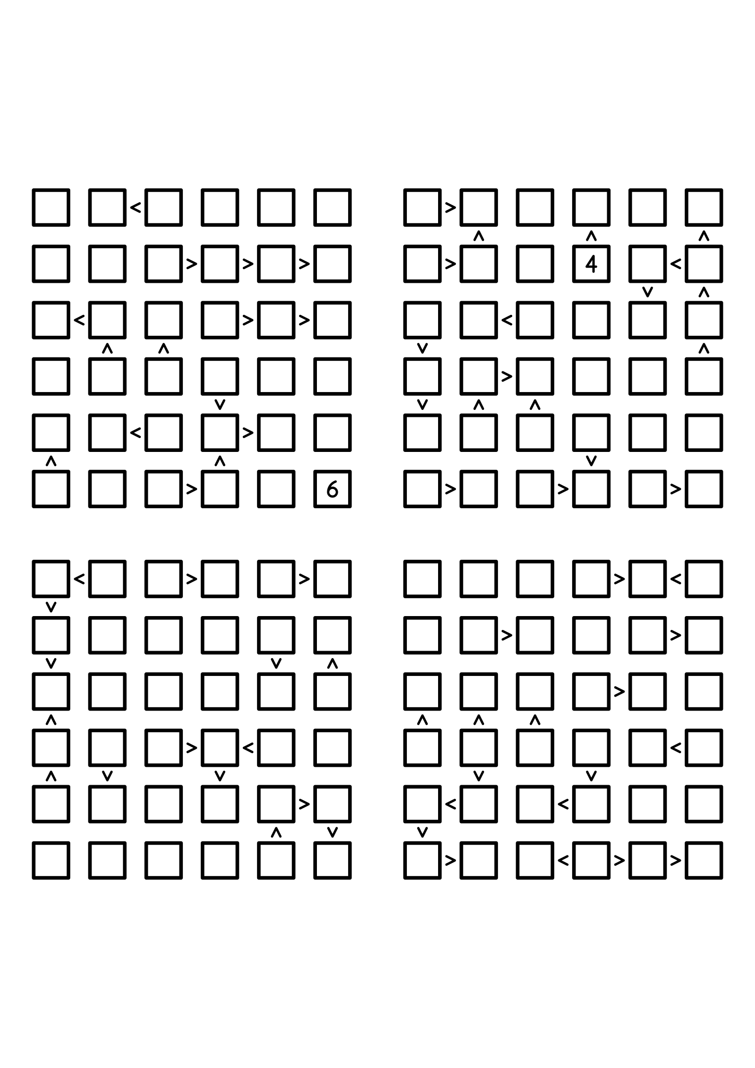 Four medium 6x6 futoshiki grids with few or no given digits and the signs that decide them. Level: Medium, 4 puzzles per page. Variant 7.
