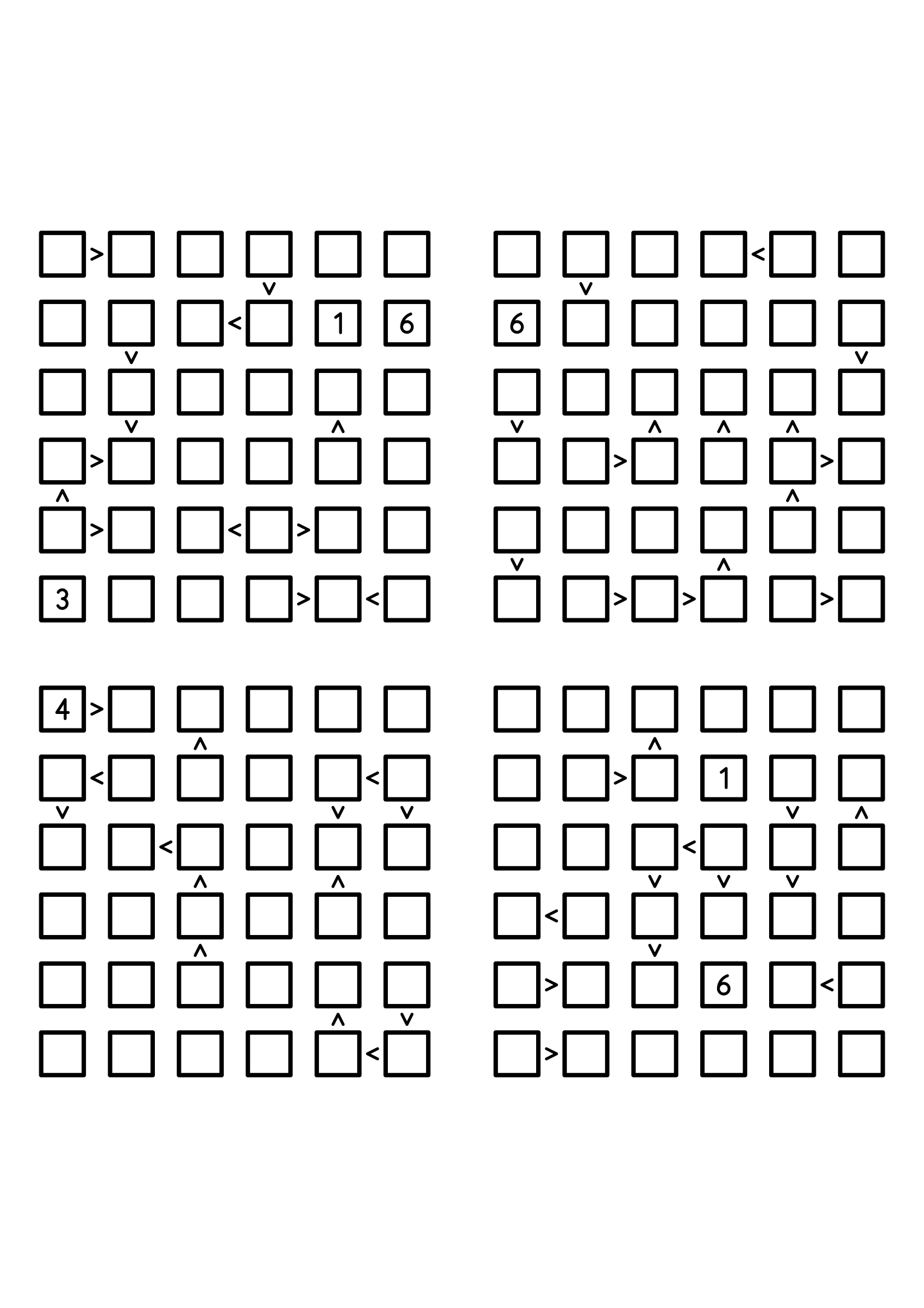 Four medium 6x6 futoshiki grids with few or no given digits and the signs that decide them. Level: Medium, 4 puzzles per page. Variant 8.