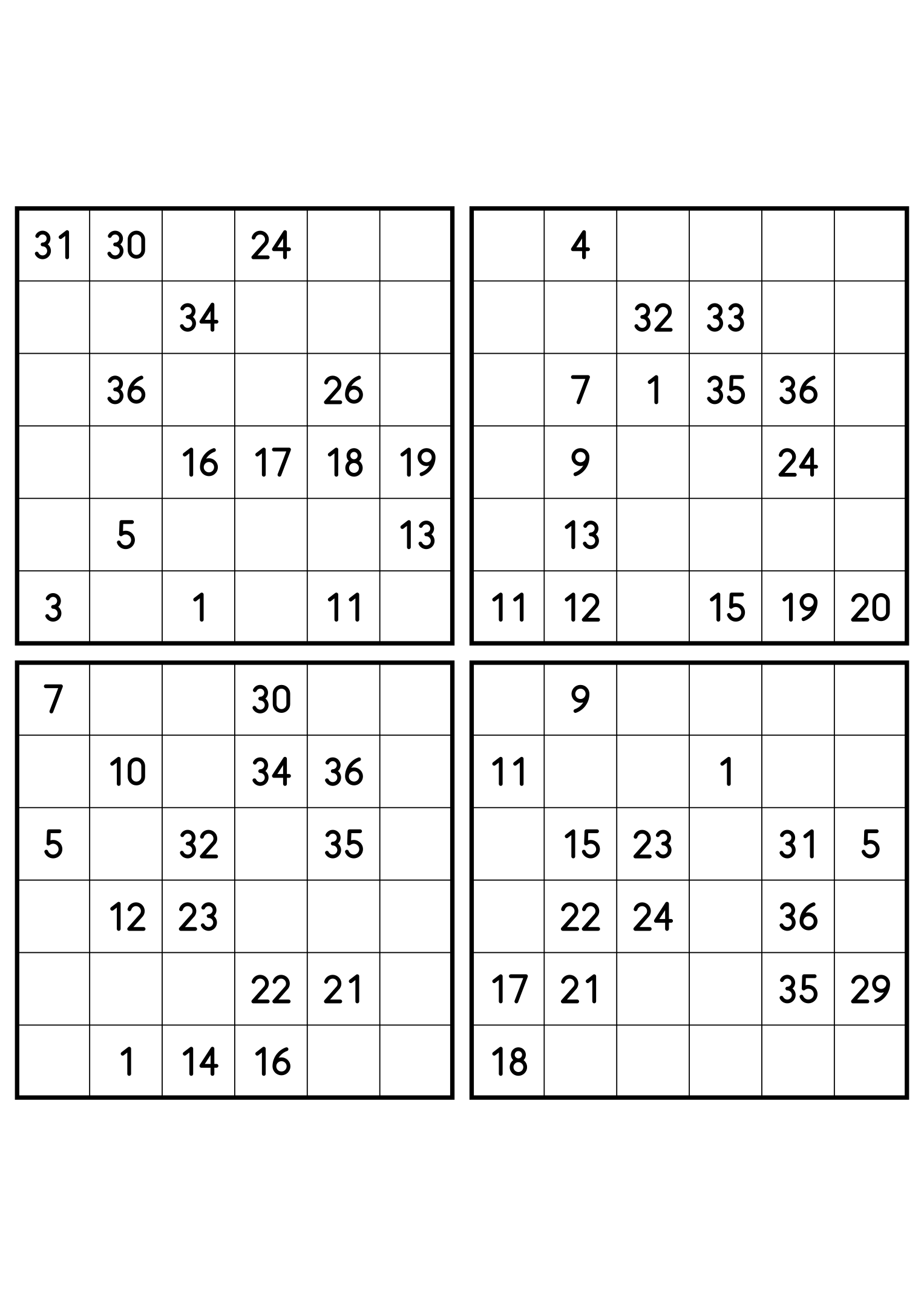 Four medium 6x6 Hidoku grids, 15 numbers given in each. Variant 1.