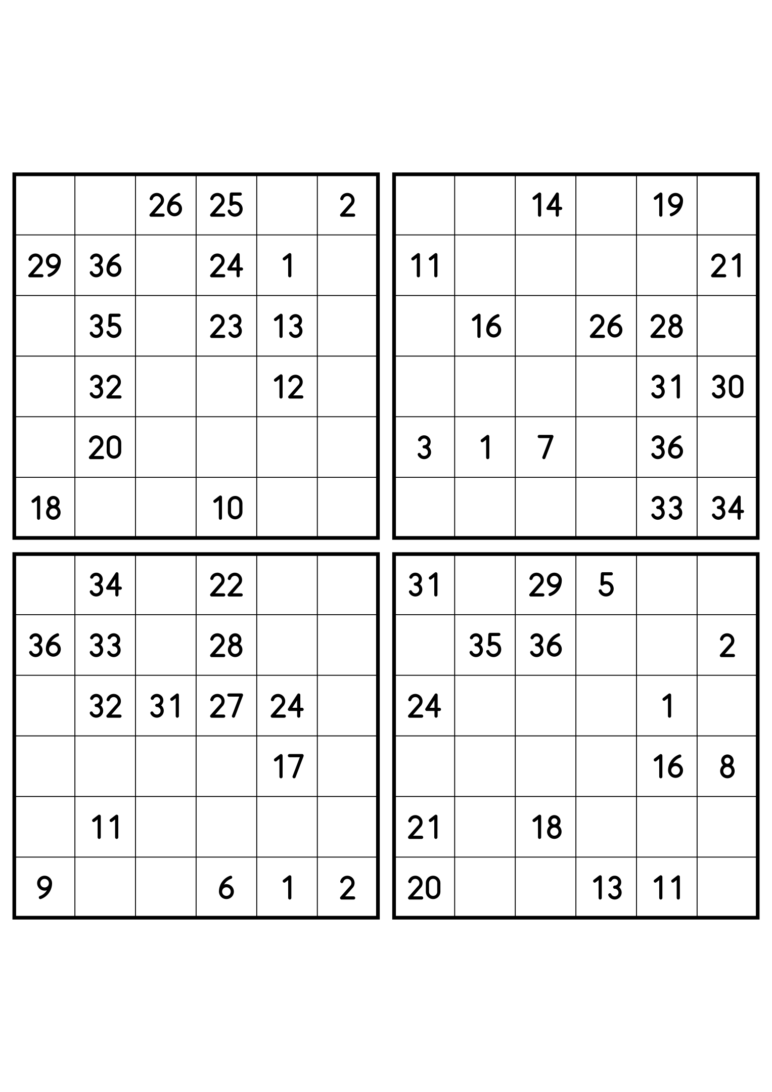 Four medium 6x6 Hidoku grids, 15 numbers given in each. Variant 2.