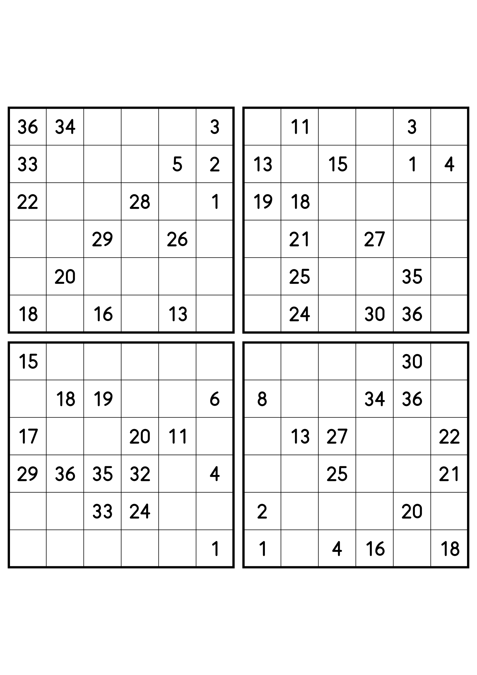 Four medium 6x6 Hidoku grids, 15 numbers given in each. Variant 3.