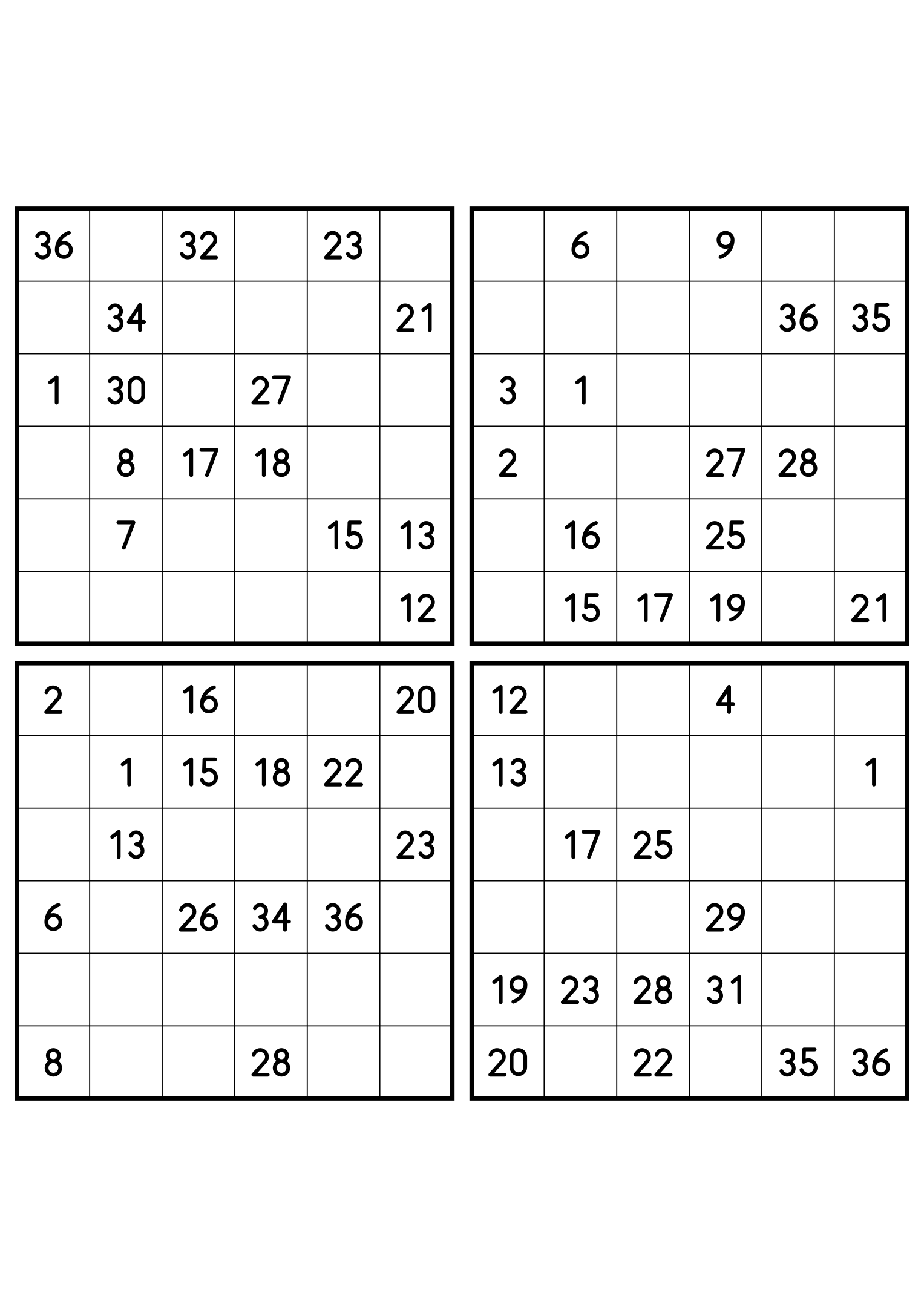 Four medium 6x6 Hidoku grids, 15 numbers given in each. Variant 4.