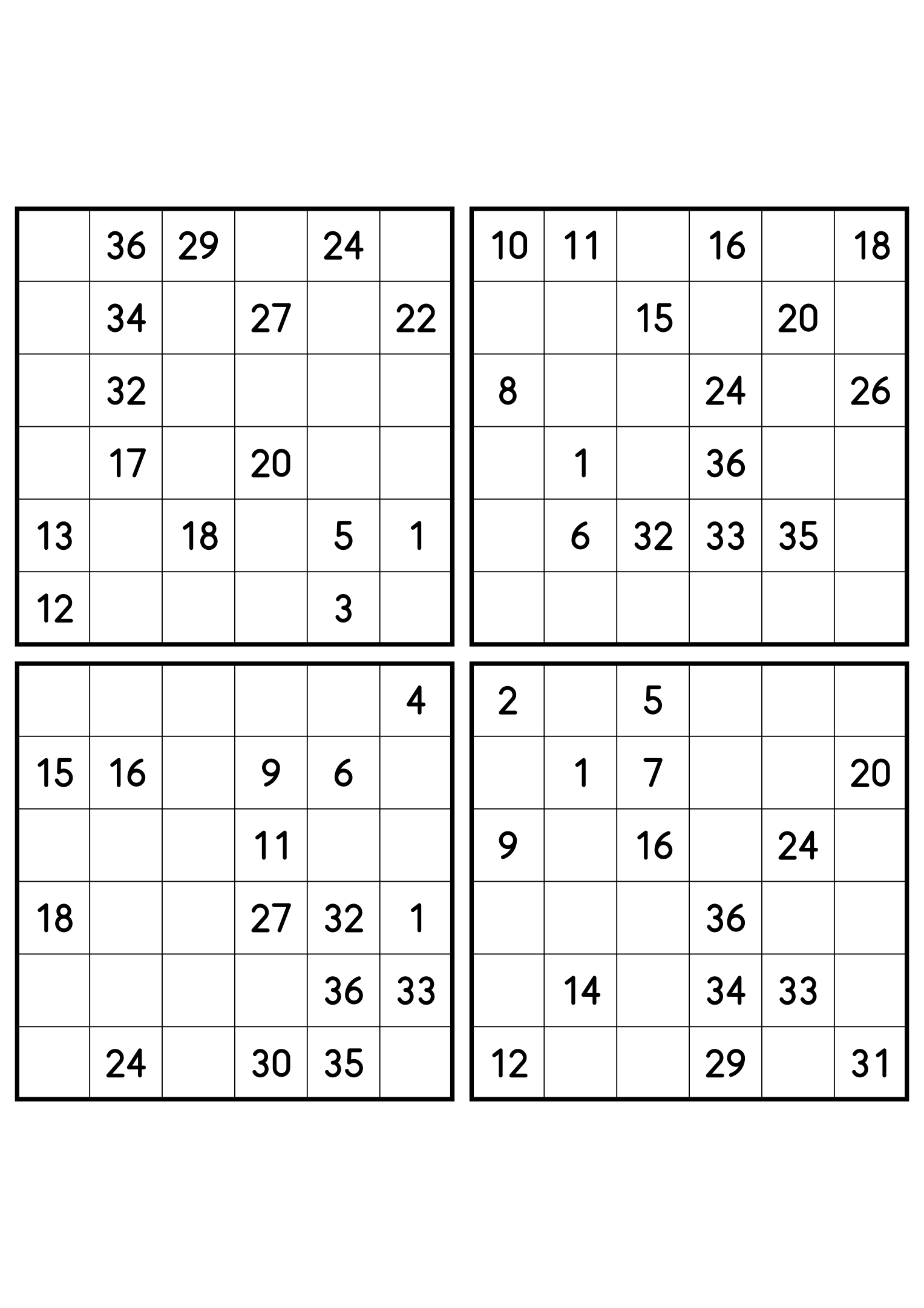 Four medium 6x6 Hidoku grids, 15 numbers given in each. Variant 5.