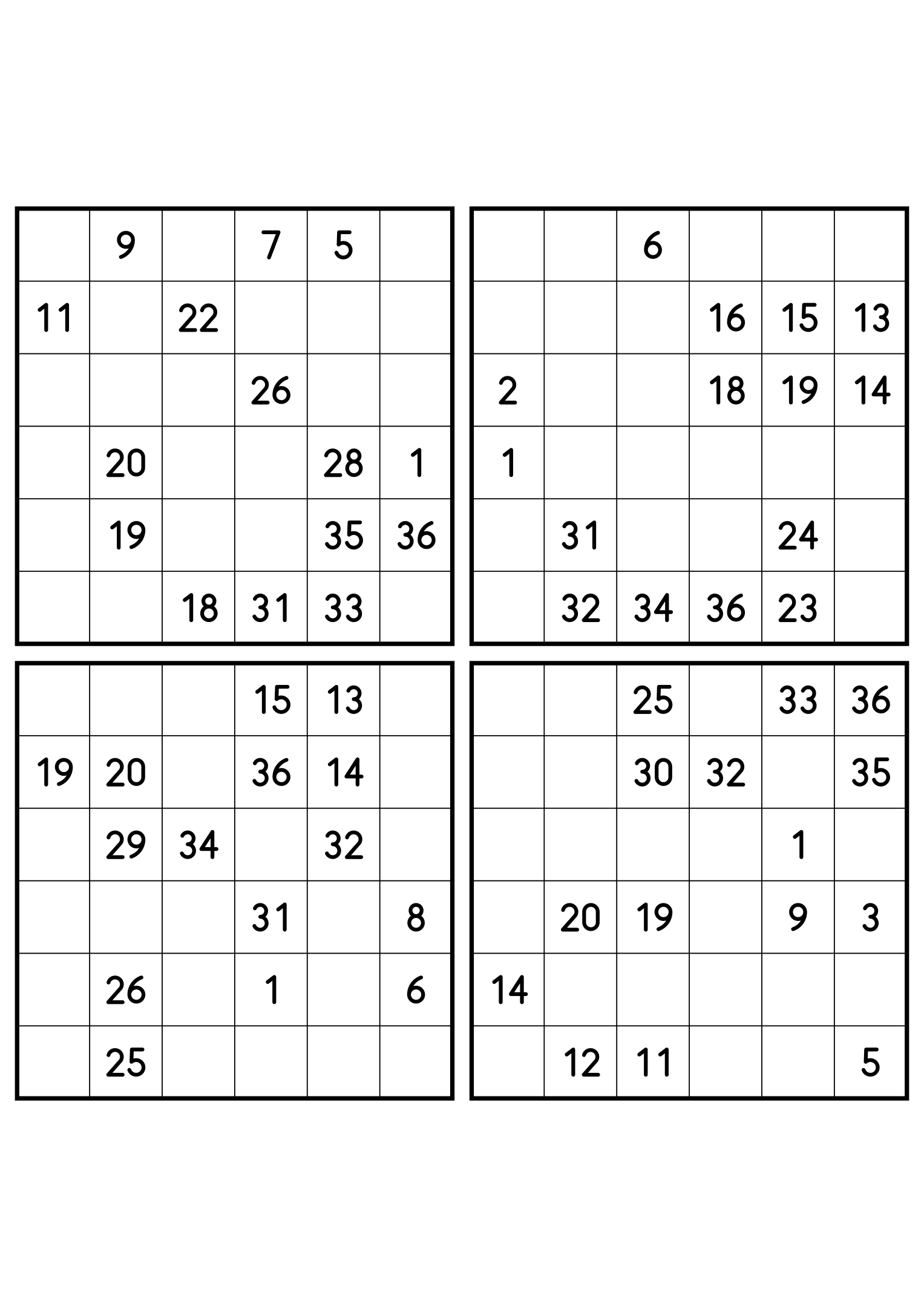 Four medium 6x6 Hidoku grids, 15 numbers given in each. Variant 6.