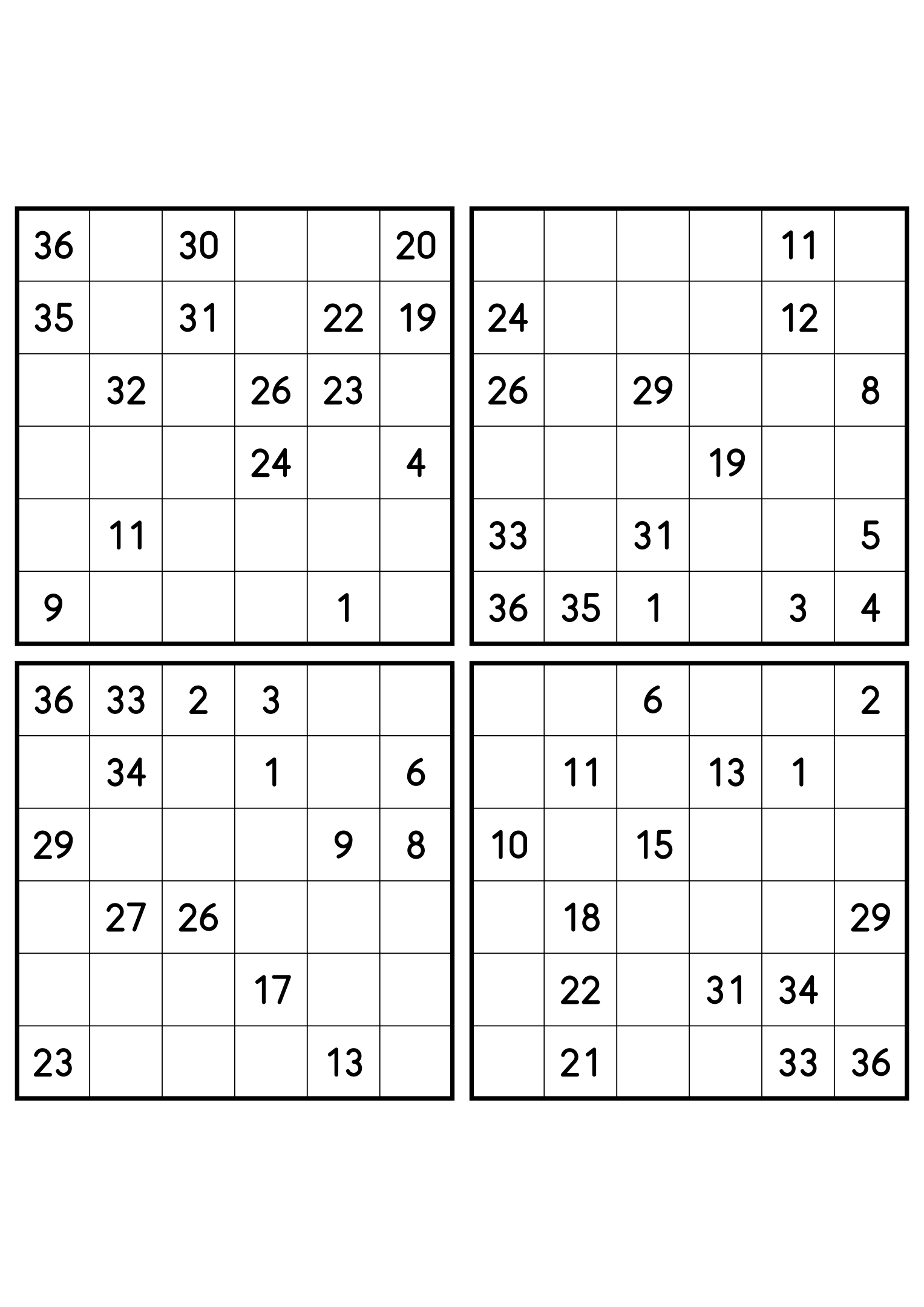 Four medium 6x6 Hidoku grids, 15 numbers given in each. Variant 7.