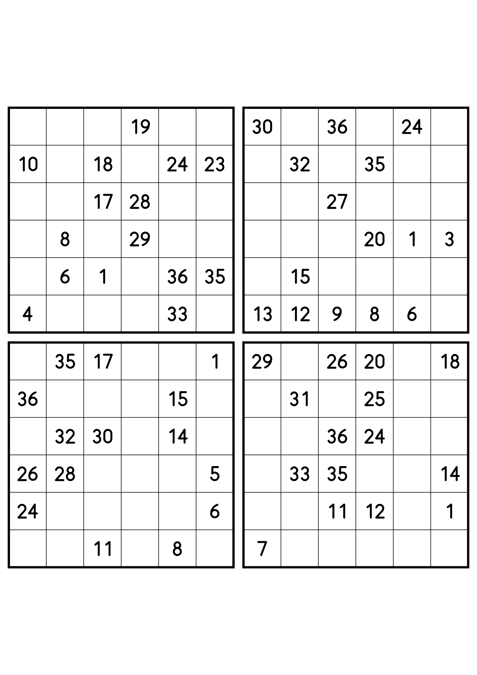 Four medium 6x6 Hidoku grids, 15 numbers given in each. Variant 8.