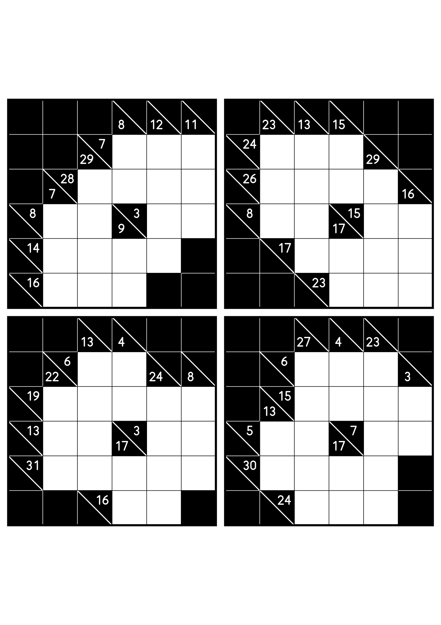Four medium 6x6 kakuro grids that ask where each digit of a combination can go. Level: Medium, 4 puzzles per page. Variant 1.