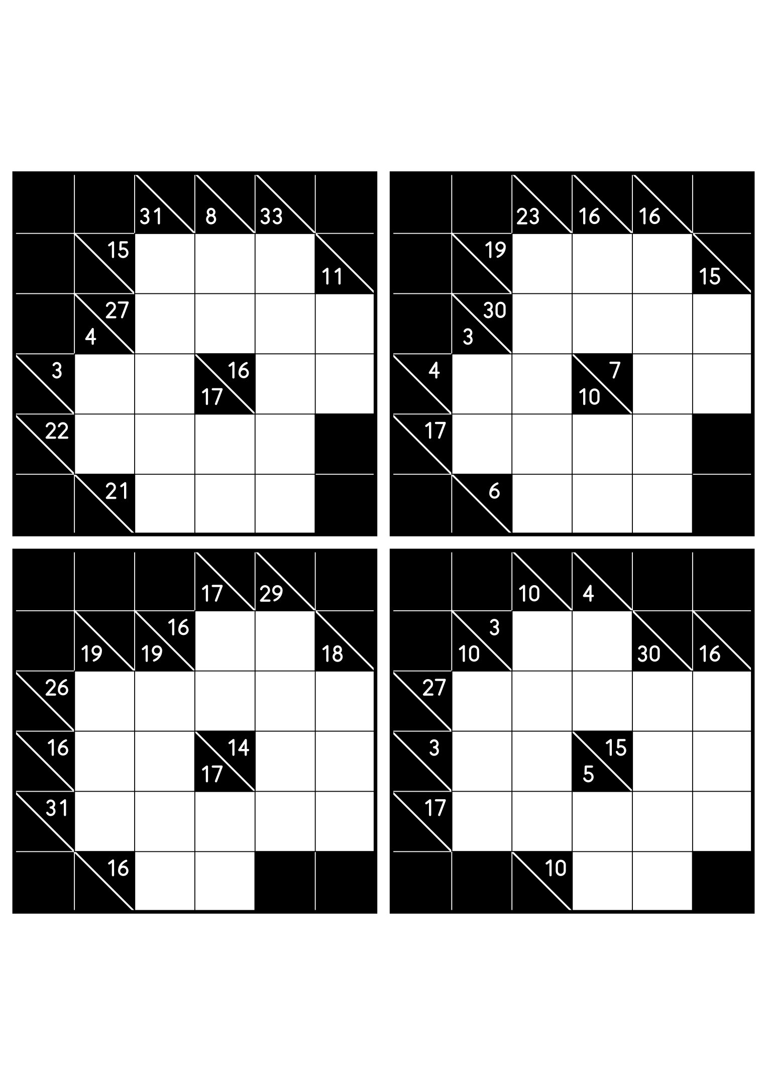 Four medium 6x6 kakuro grids that ask where each digit of a combination can go. Level: Medium, 4 puzzles per page. Variant 2.