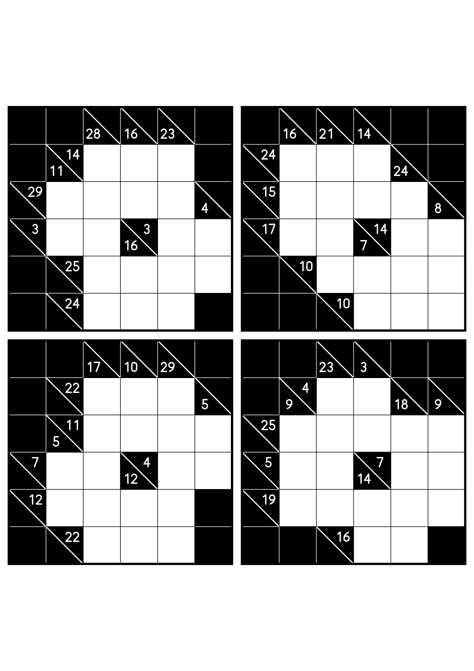 Four medium 6x6 kakuro grids that ask where each digit of a combination can go. Level: Medium, 4 puzzles per page. Variant 3.