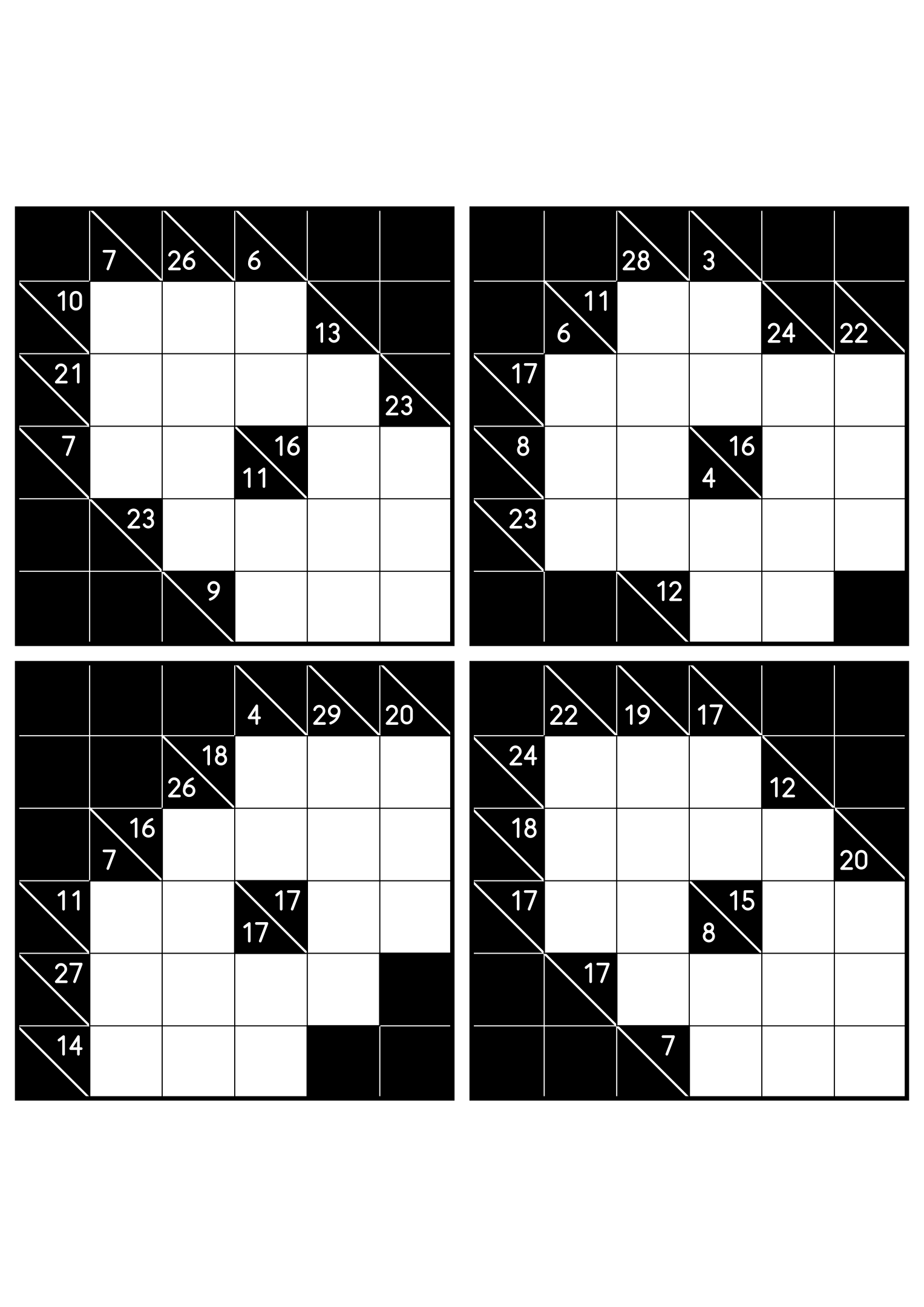 Four medium 6x6 kakuro grids that ask where each digit of a combination can go. Level: Medium, 4 puzzles per page. Variant 4.