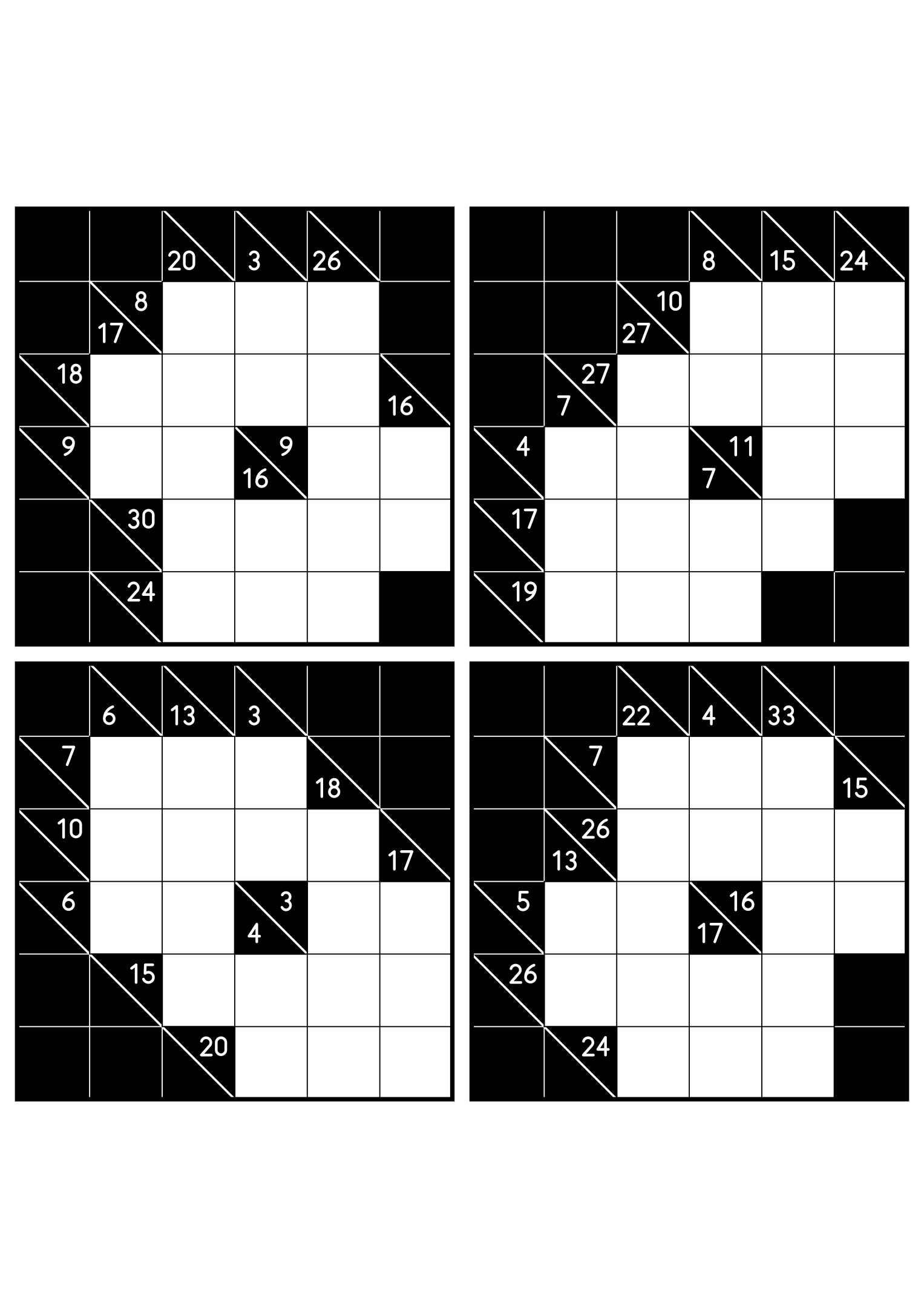 Four medium 6x6 kakuro grids that ask where each digit of a combination can go. Level: Medium, 4 puzzles per page. Variant 5.
