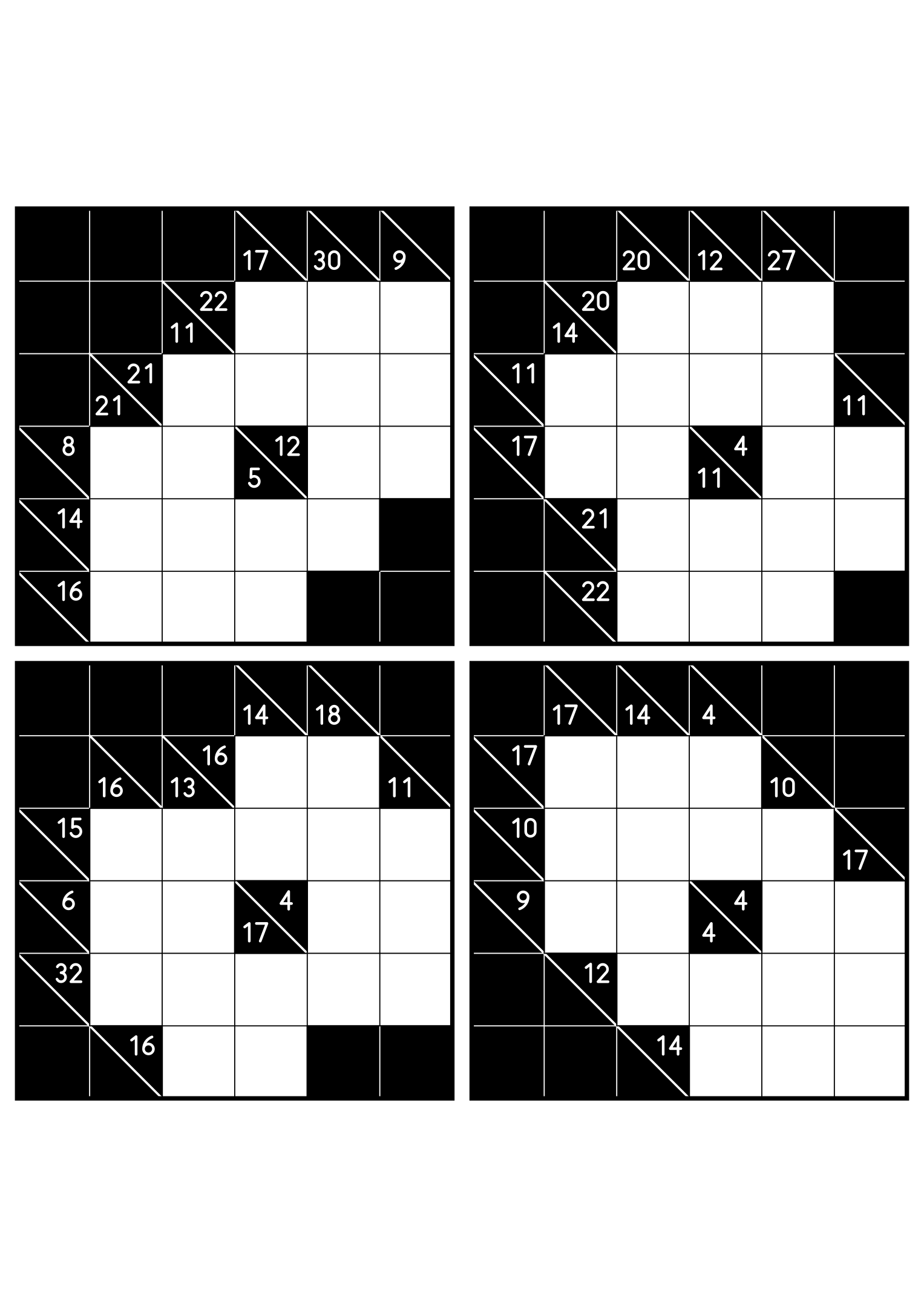 Four medium 6x6 kakuro grids that ask where each digit of a combination can go. Level: Medium, 4 puzzles per page. Variant 6.