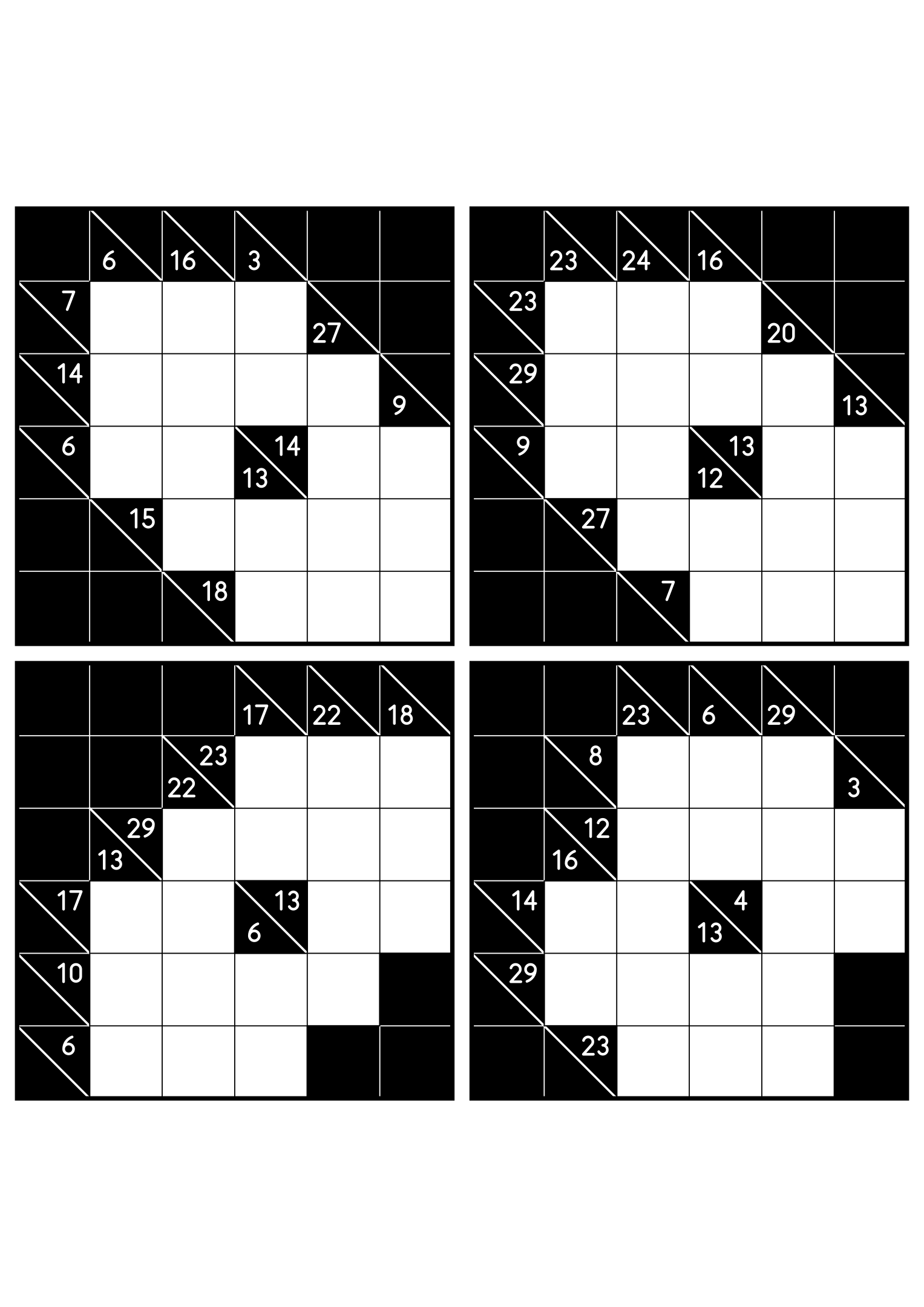 Four medium 6x6 kakuro grids that ask where each digit of a combination can go. Level: Medium, 4 puzzles per page. Variant 7.