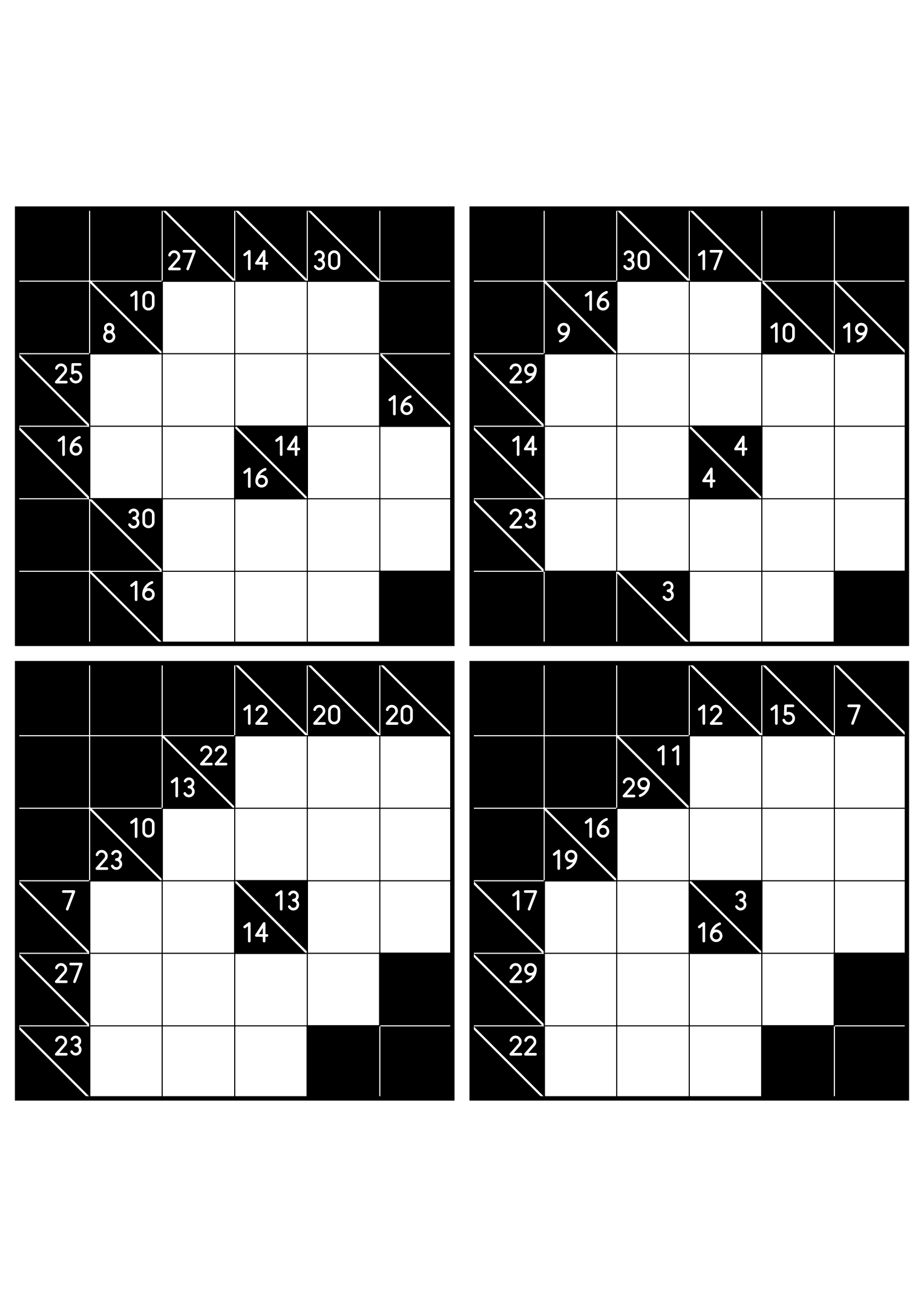 Four medium 6x6 kakuro grids that ask where each digit of a combination can go. Level: Medium, 4 puzzles per page. Variant 8.