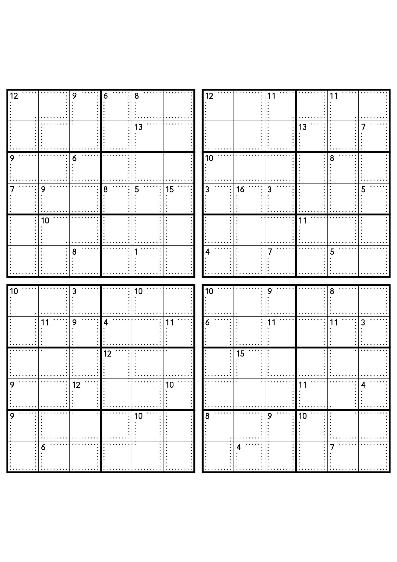 Four medium 6x6 killer sudoku grids with no given digit, only dotted cages and their sums. Level: Medium, 4 puzzles per page. Variant 1.