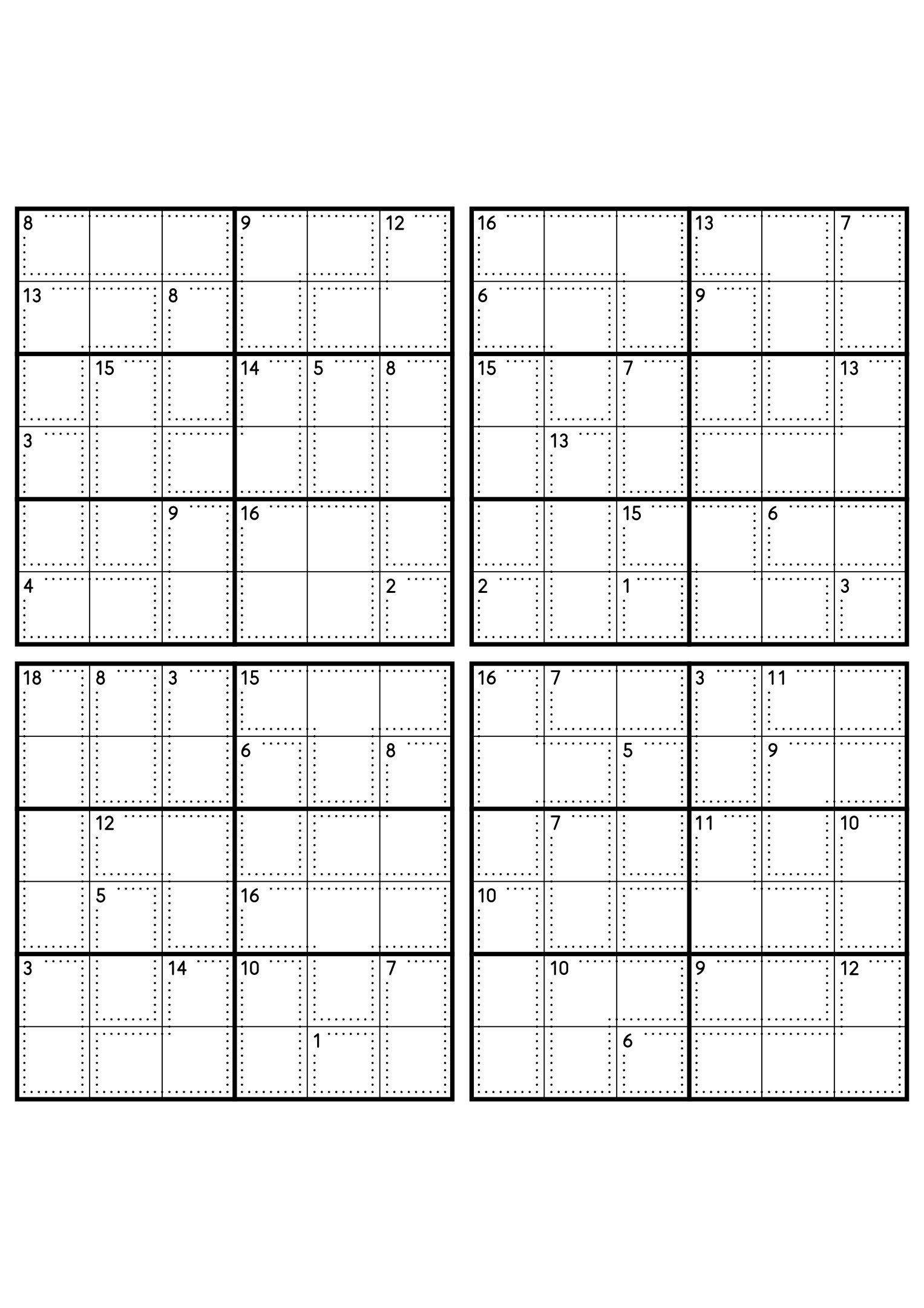 Four medium 6x6 killer sudoku grids with no given digit, only dotted cages and their sums. Level: Medium, 4 puzzles per page. Variant 2.