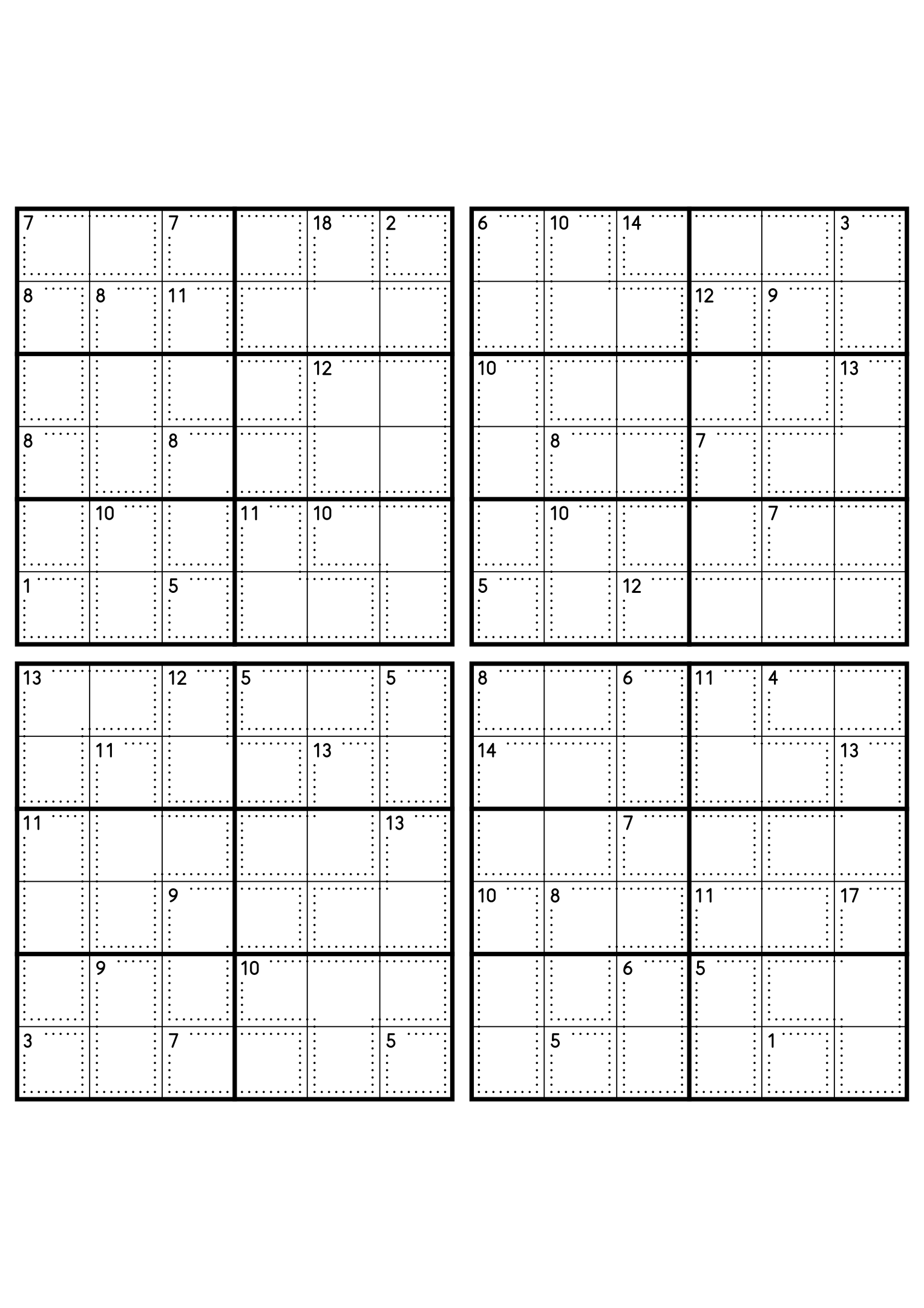 Four medium 6x6 killer sudoku grids with no given digit, only dotted cages and their sums. Level: Medium, 4 puzzles per page. Variant 3.