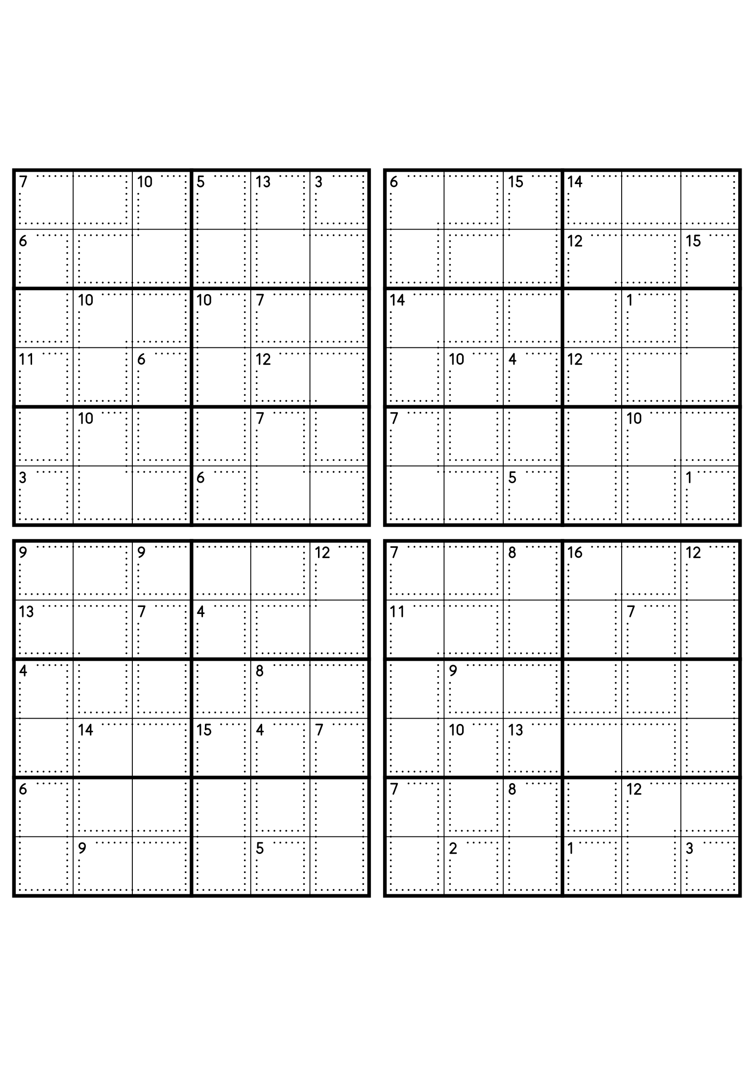 Four medium 6x6 killer sudoku grids with no given digit, only dotted cages and their sums. Level: Medium, 4 puzzles per page. Variant 4.