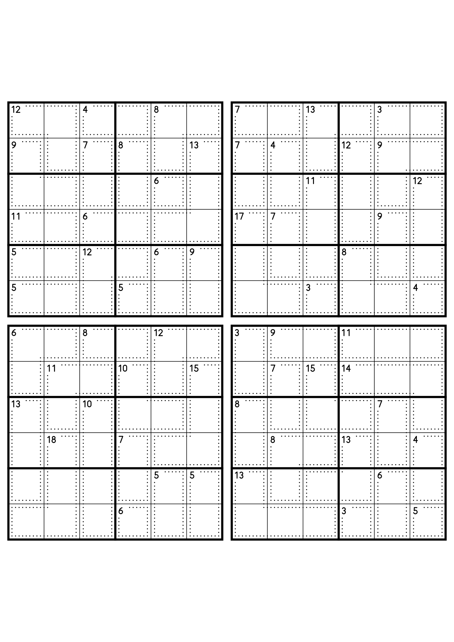 Four medium 6x6 killer sudoku grids with no given digit, only dotted cages and their sums. Level: Medium, 4 puzzles per page. Variant 5.