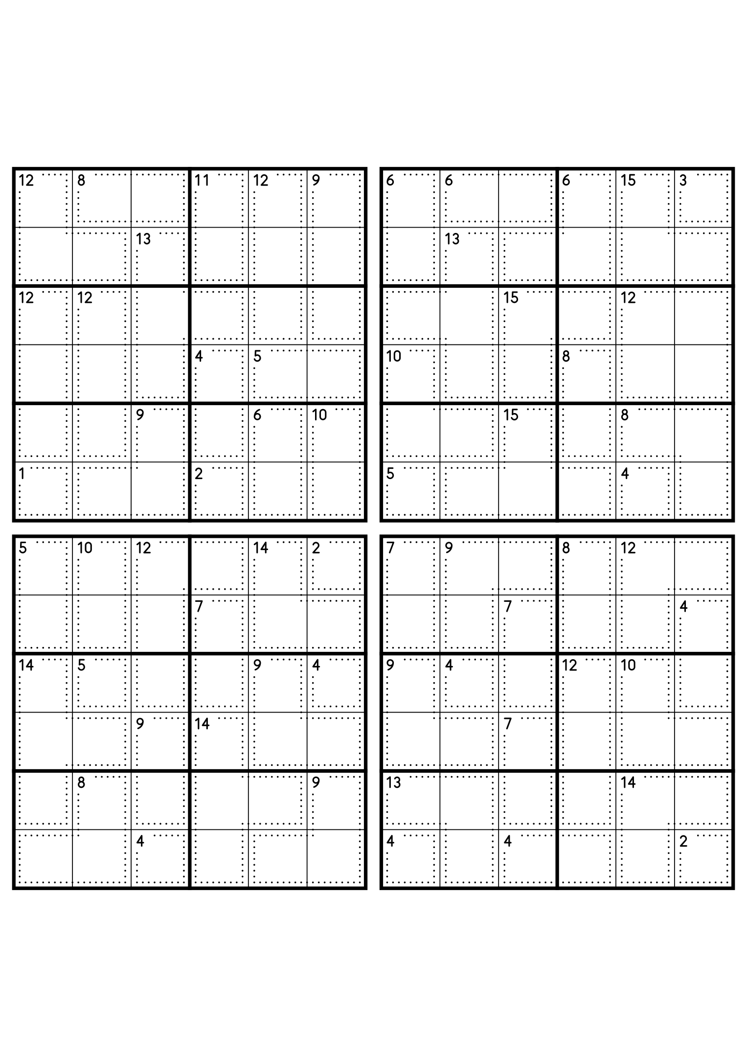Four medium 6x6 killer sudoku grids with no given digit, only dotted cages and their sums. Level: Medium, 4 puzzles per page. Variant 6.
