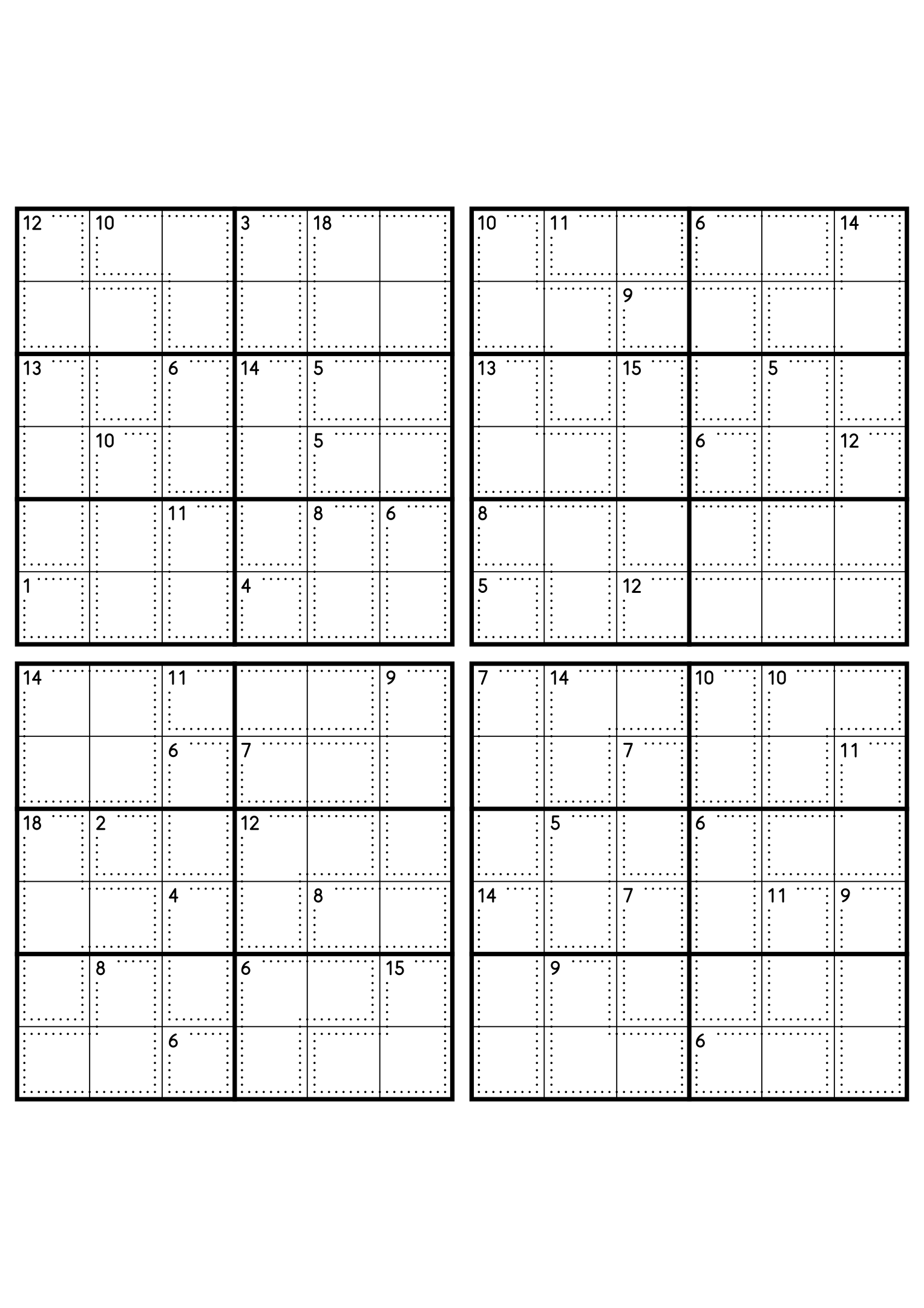 Four medium 6x6 killer sudoku grids with no given digit, only dotted cages and their sums. Level: Medium, 4 puzzles per page. Variant 7.