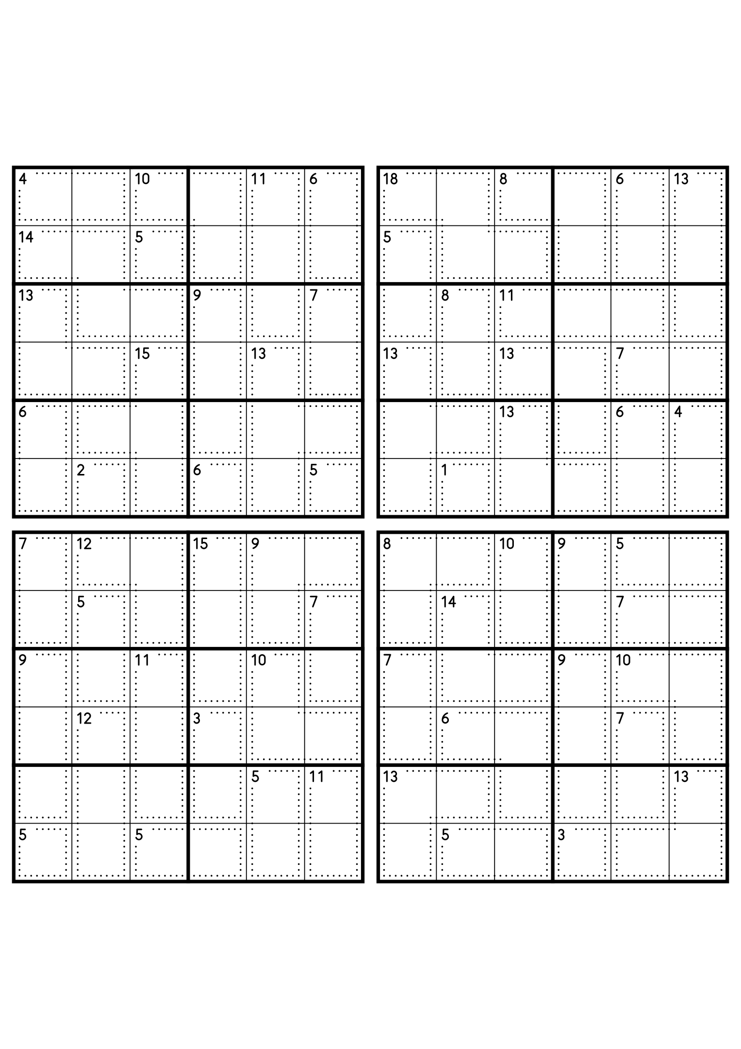 Four medium 6x6 killer sudoku grids with no given digit, only dotted cages and their sums. Level: Medium, 4 puzzles per page. Variant 8.