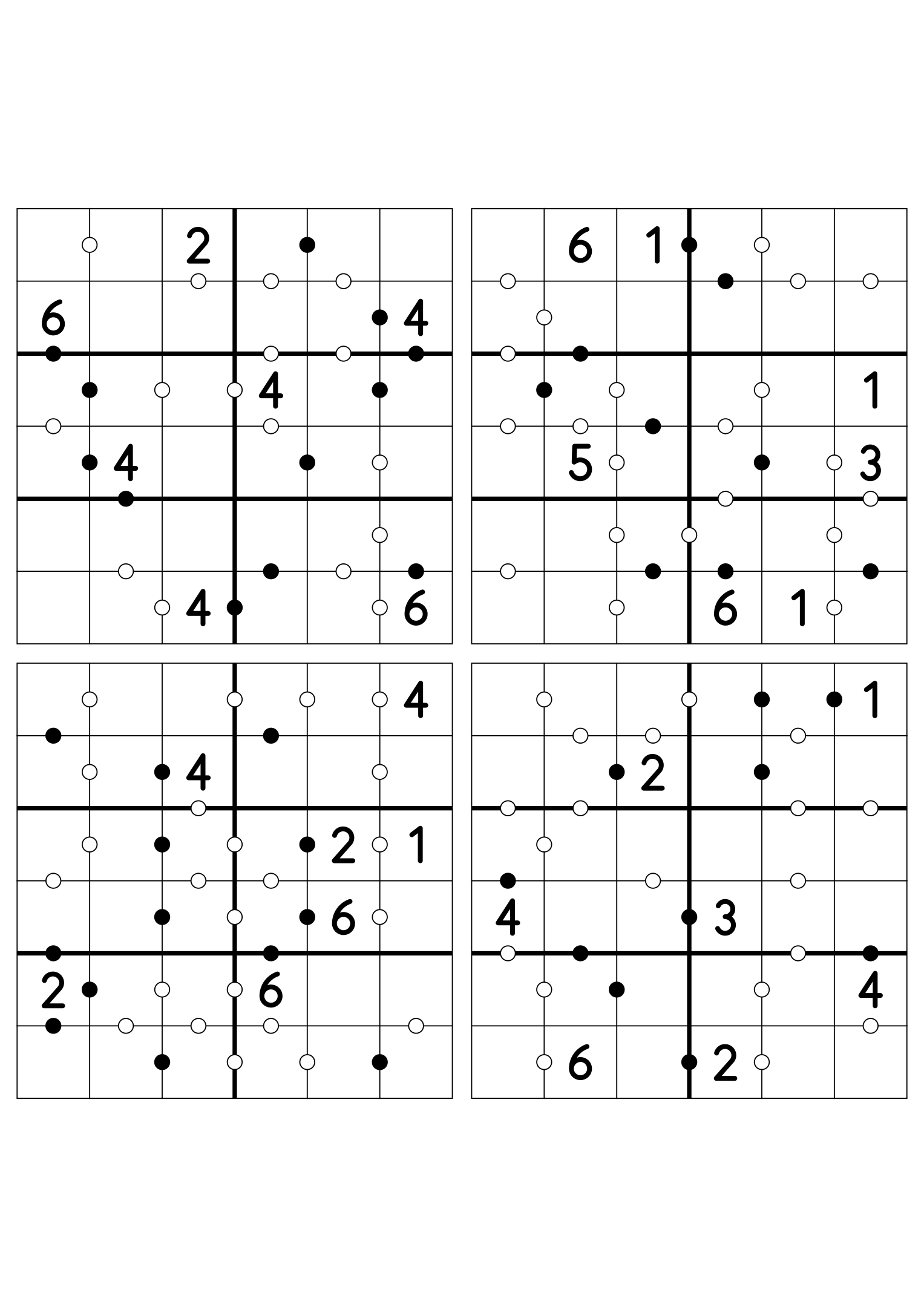 Four medium 6x6 Kropki puzzles, seven given digits per grid. Variant 1.