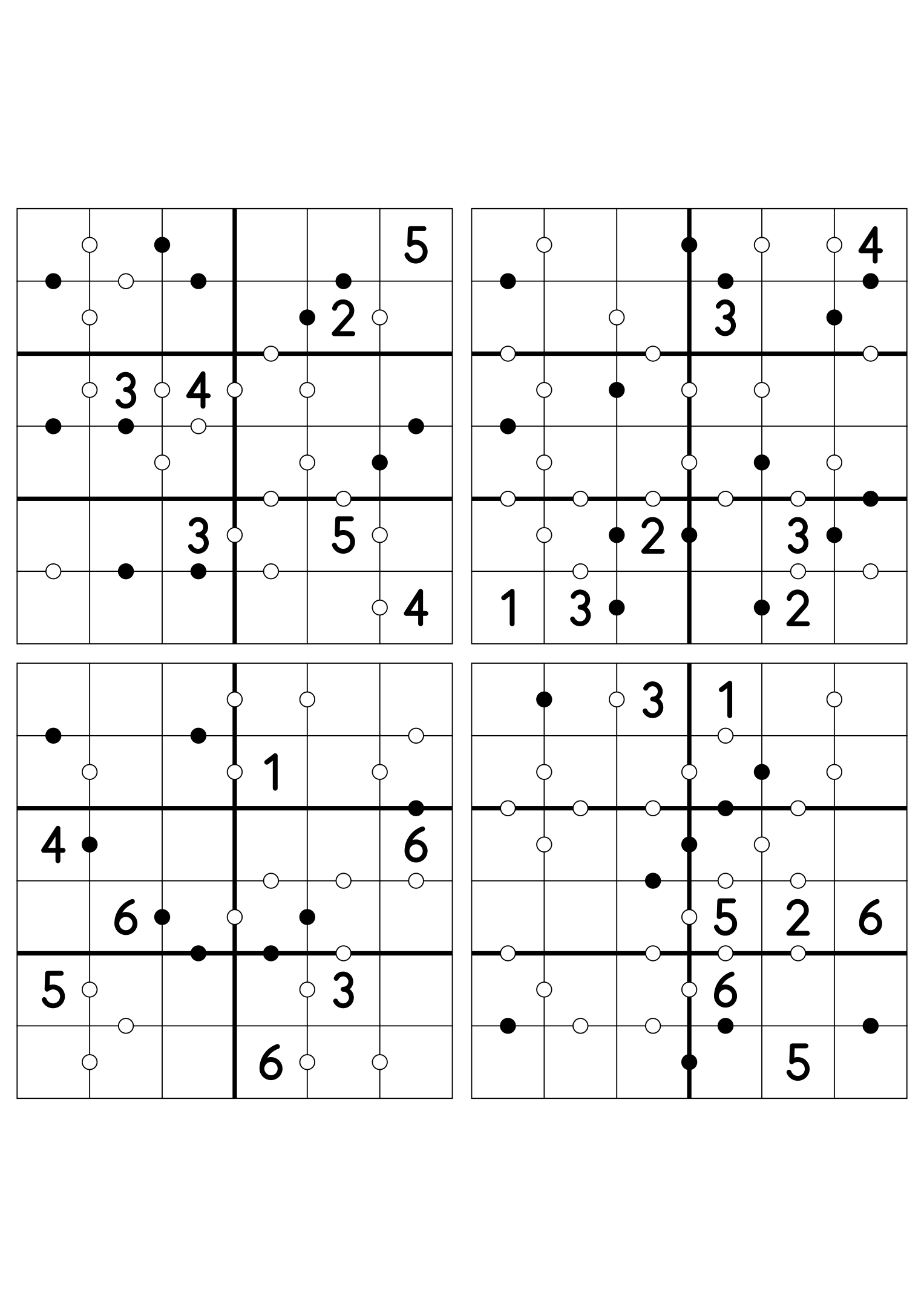 Four medium 6x6 Kropki puzzles, seven given digits per grid. Variant 2.