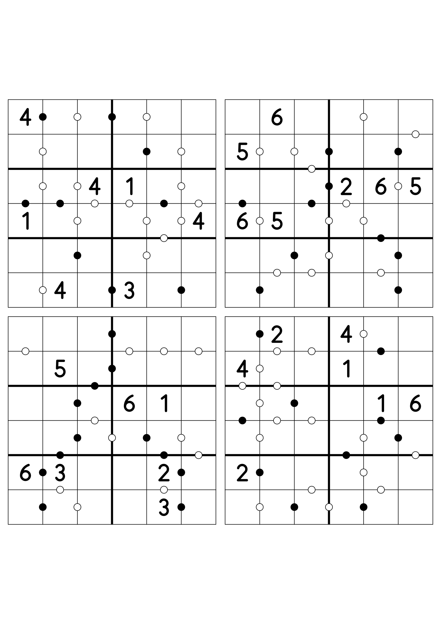 Four medium 6x6 Kropki puzzles, seven given digits per grid. Variant 3.