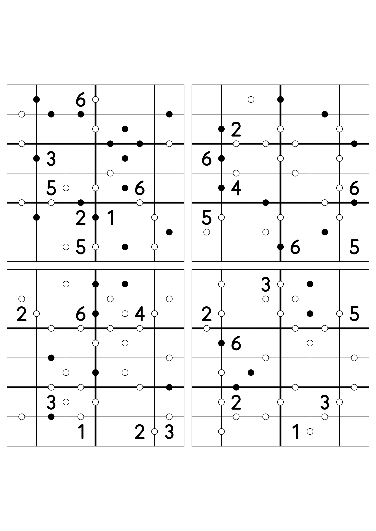 Four medium 6x6 Kropki puzzles, seven given digits per grid. Variant 4.