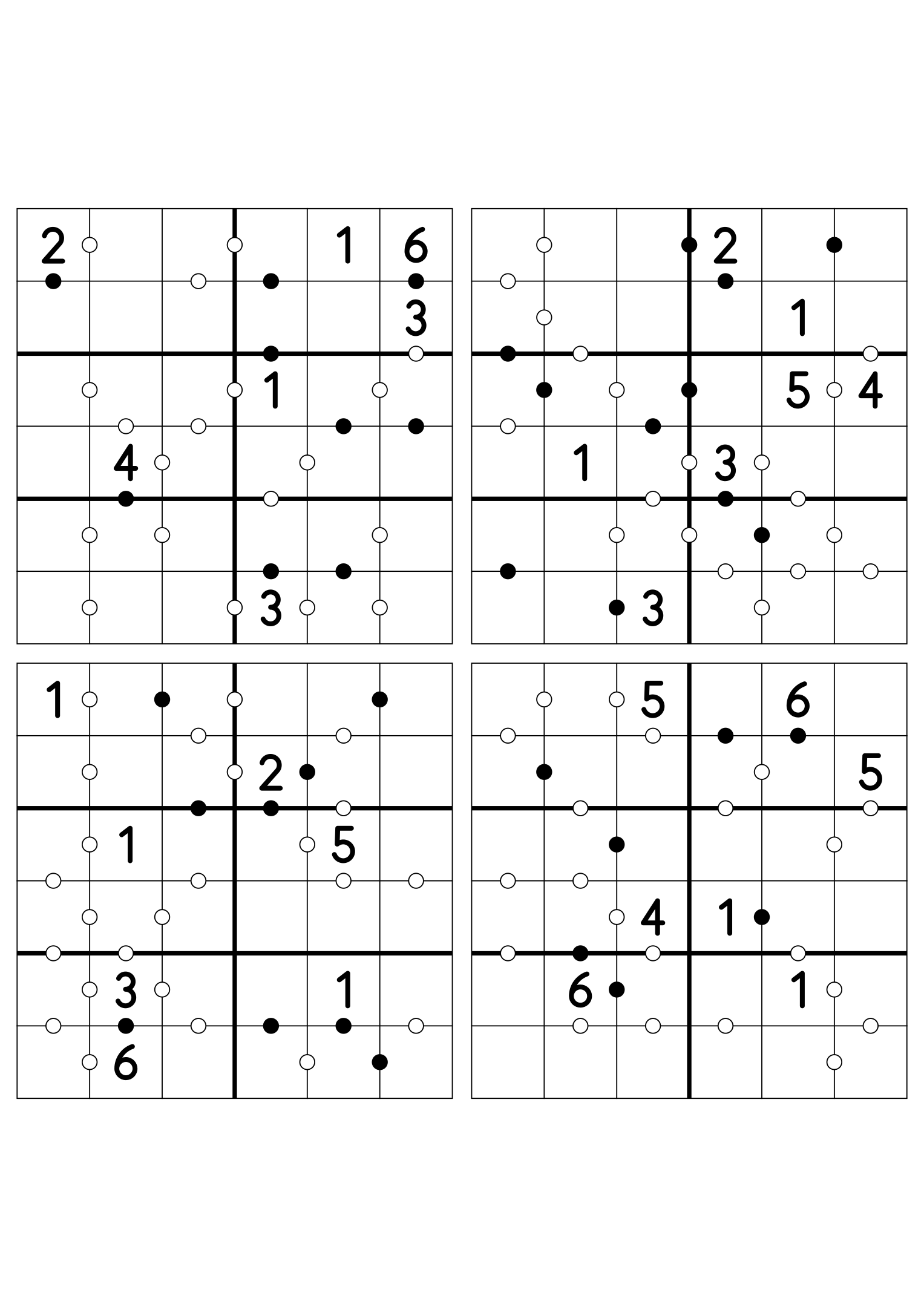 Four medium 6x6 Kropki puzzles, seven given digits per grid. Variant 5.