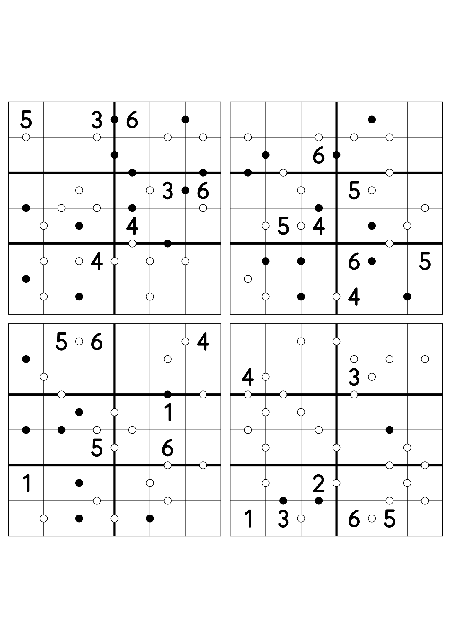 Four medium 6x6 Kropki puzzles, seven given digits per grid. Variant 6.