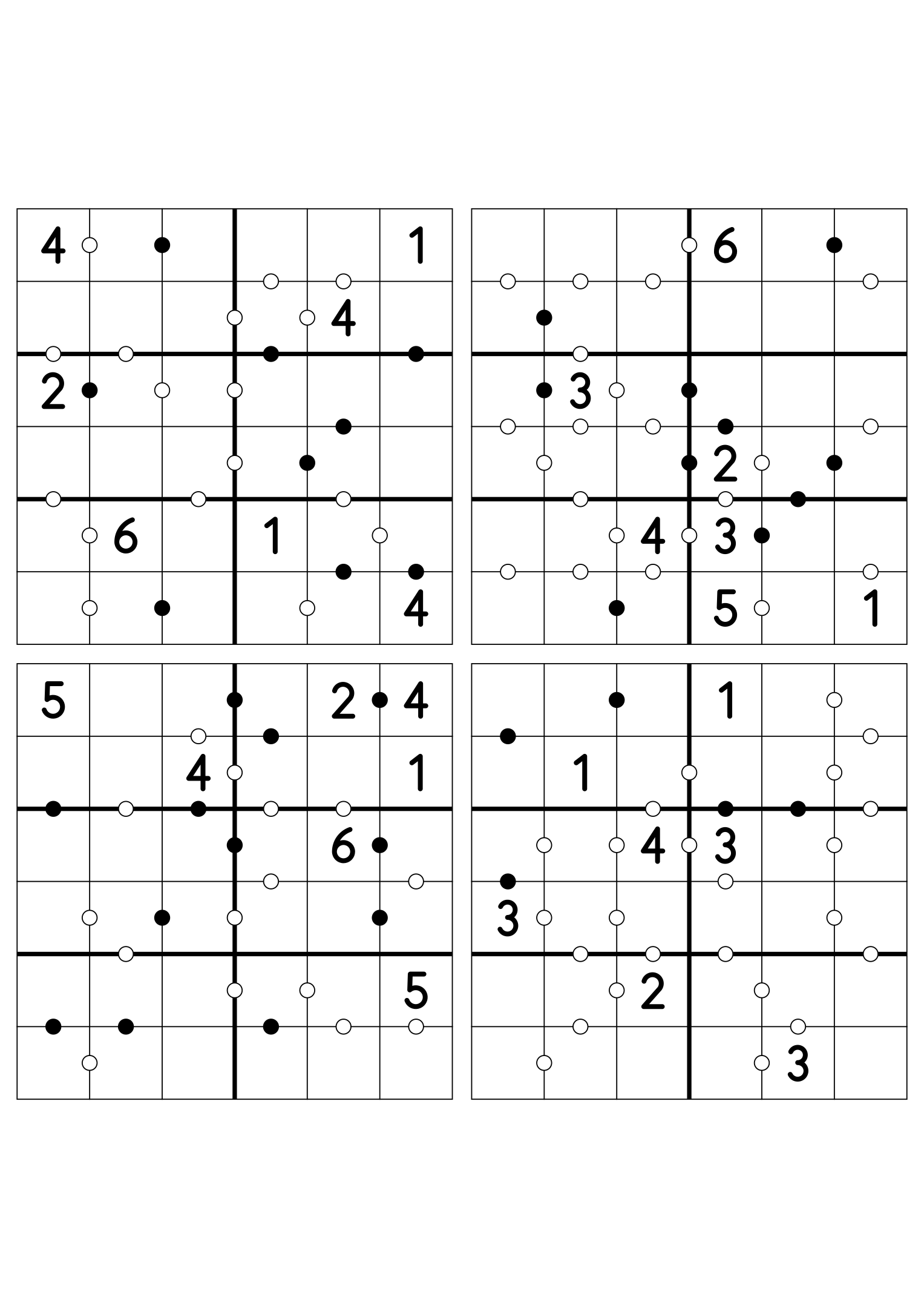 Four medium 6x6 Kropki puzzles, seven given digits per grid. Variant 7.
