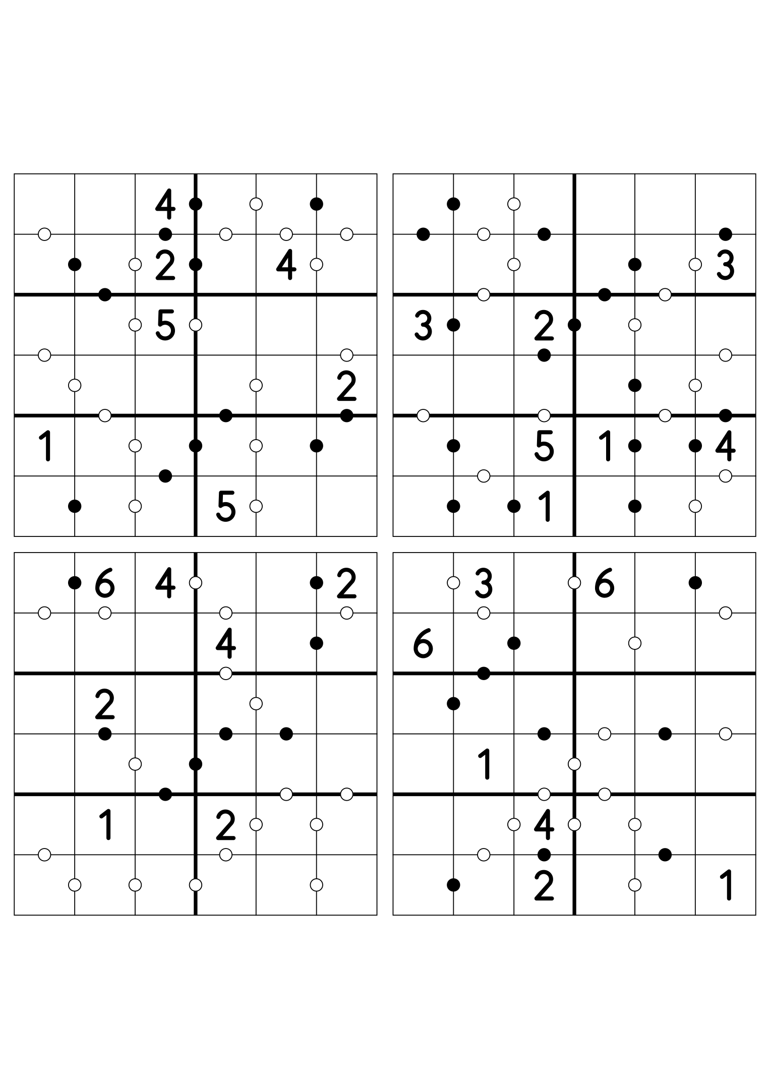 Four medium 6x6 Kropki puzzles, seven given digits per grid. Variant 8.