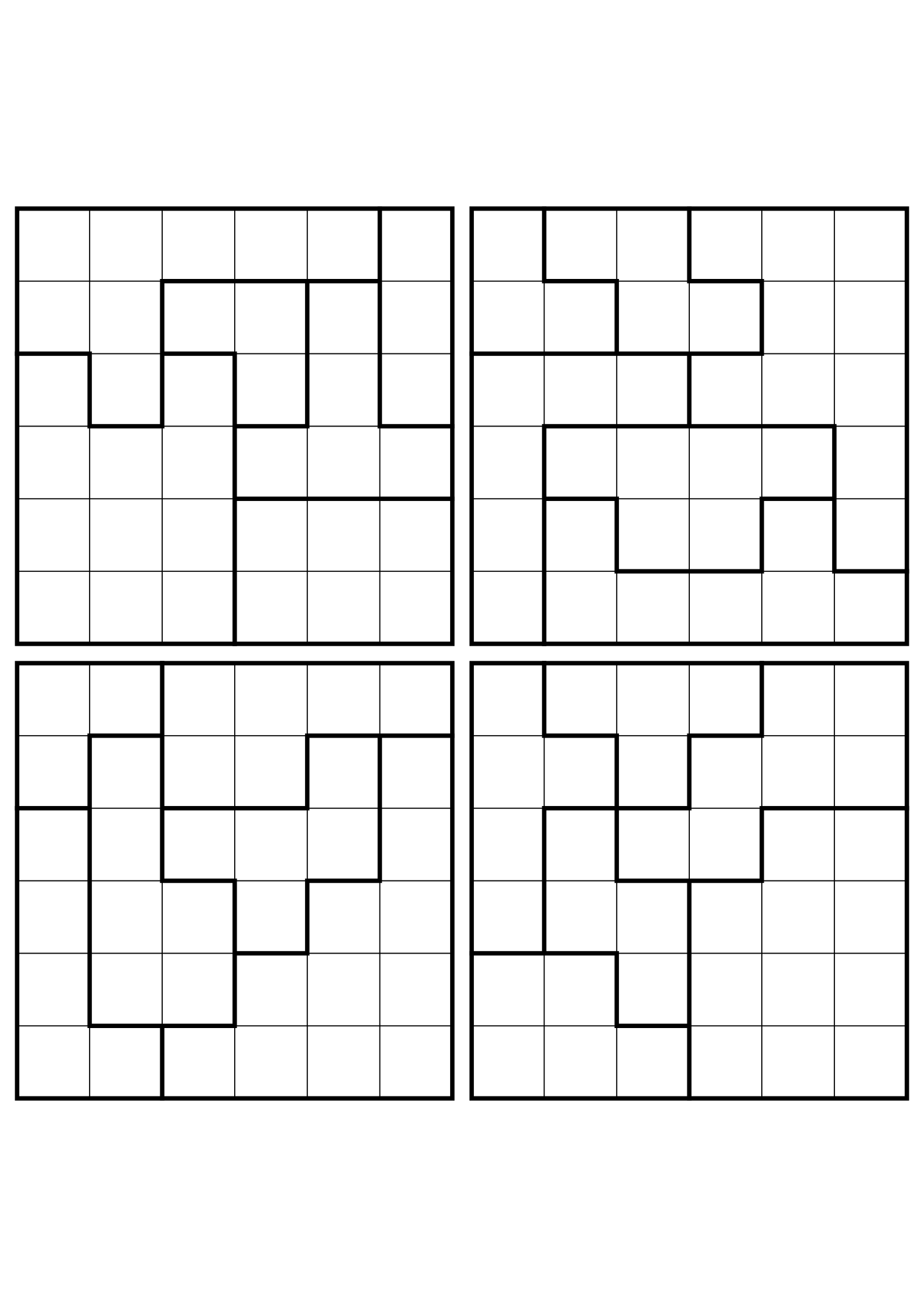 Four medium 6x6 star battle grids that need regions read together. Level: Medium, 4 puzzles per page. Variant 1.