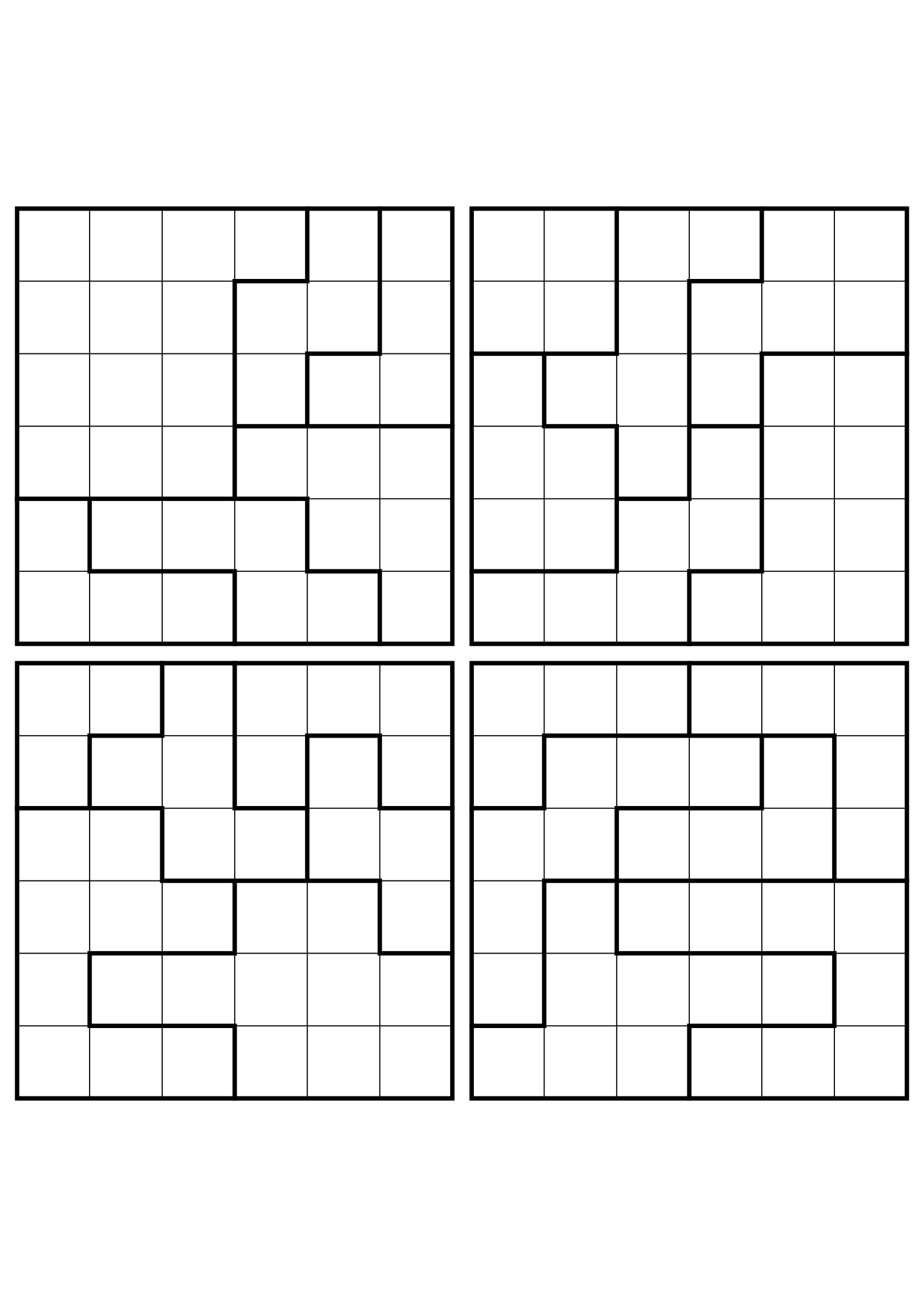 Four medium 6x6 star battle grids that need regions read together. Level: Medium, 4 puzzles per page. Variant 2.
