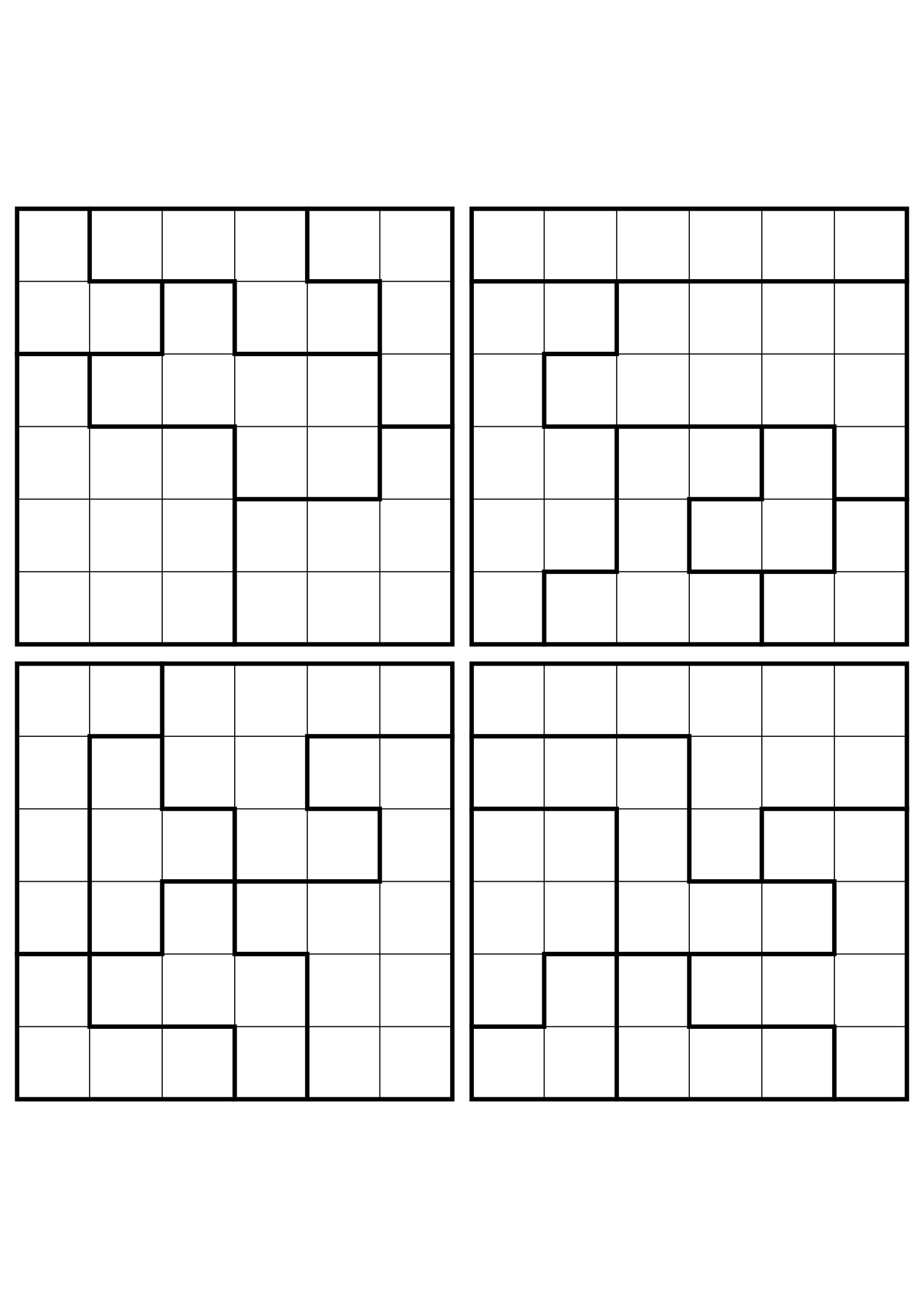 Four medium 6x6 star battle grids that need regions read together. Level: Medium, 4 puzzles per page. Variant 3.