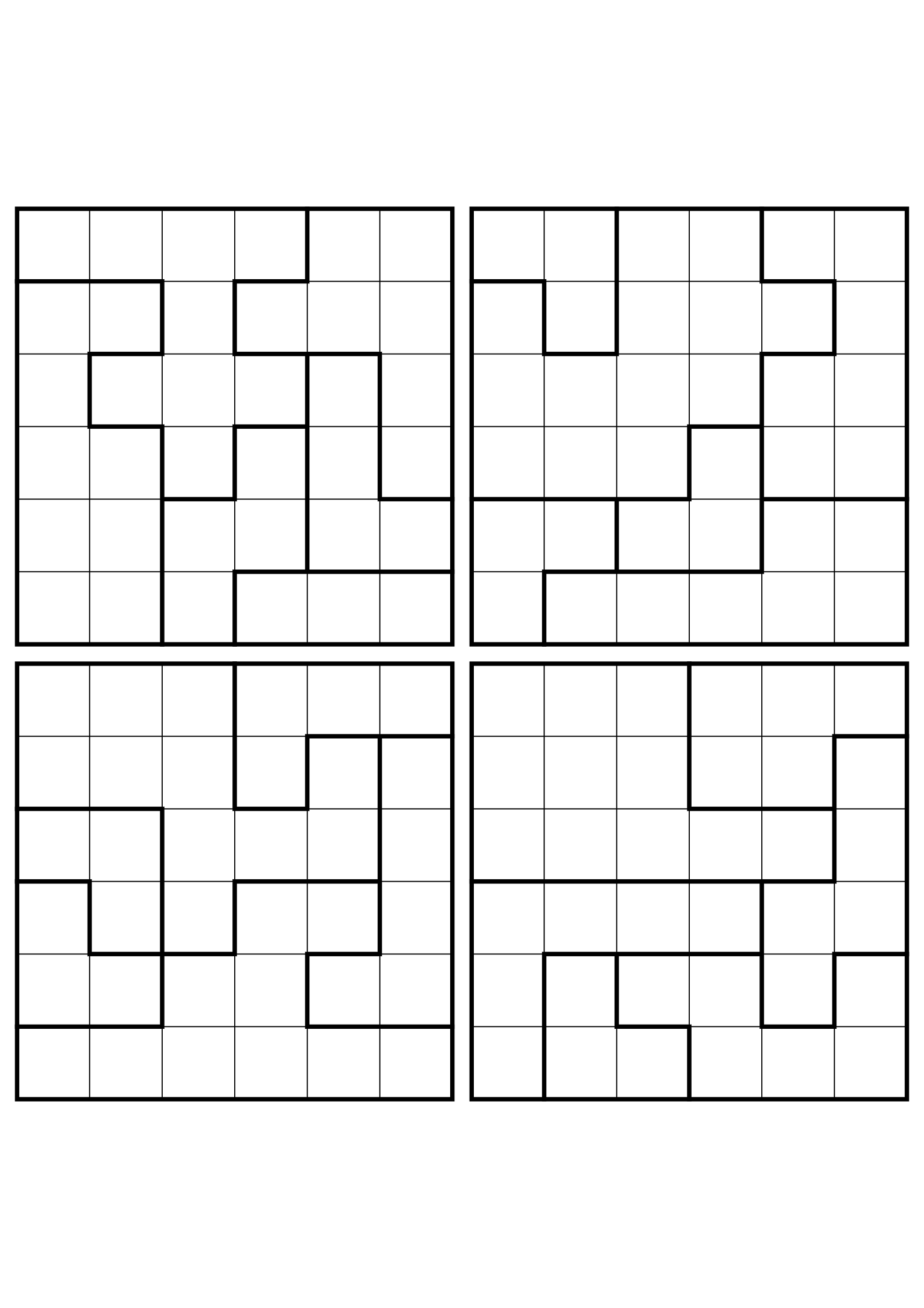 Four medium 6x6 star battle grids that need regions read together. Level: Medium, 4 puzzles per page. Variant 4.