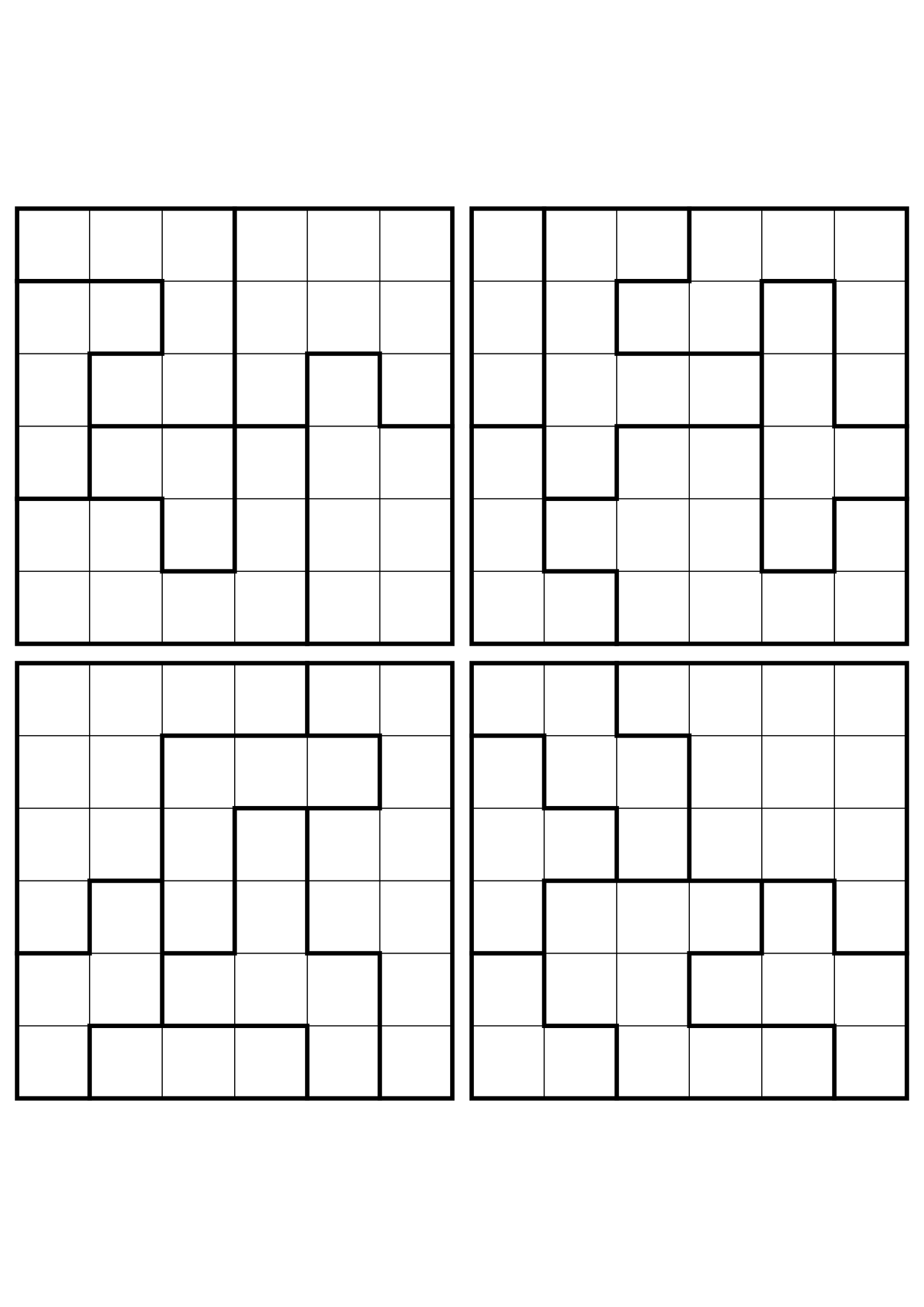 Four medium 6x6 star battle grids that need regions read together. Level: Medium, 4 puzzles per page. Variant 6.