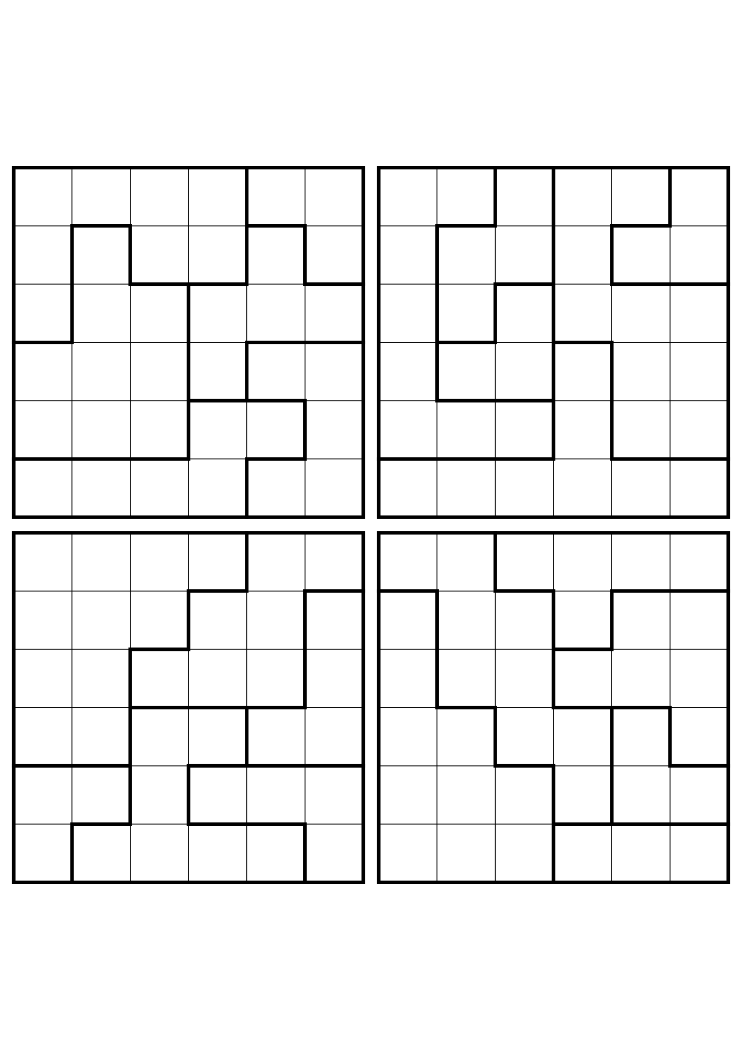 Four medium 6x6 star battle grids that need regions read together. Level: Medium, 4 puzzles per page. Variant 8.