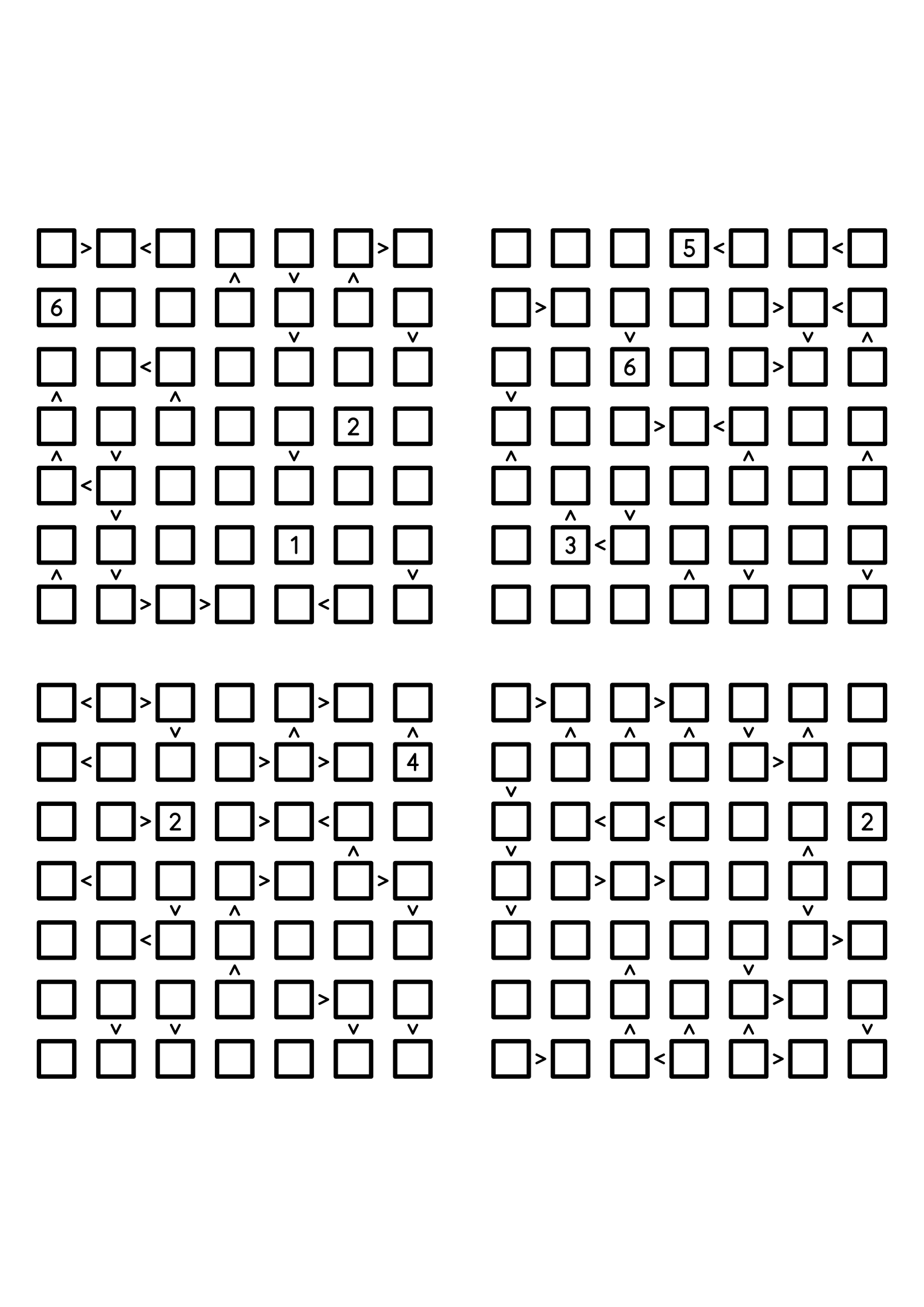 Four medium 7x7 futoshiki grids with few or no given digits and the signs that decide them. Level: Medium, 4 puzzles per page. Variant 1.