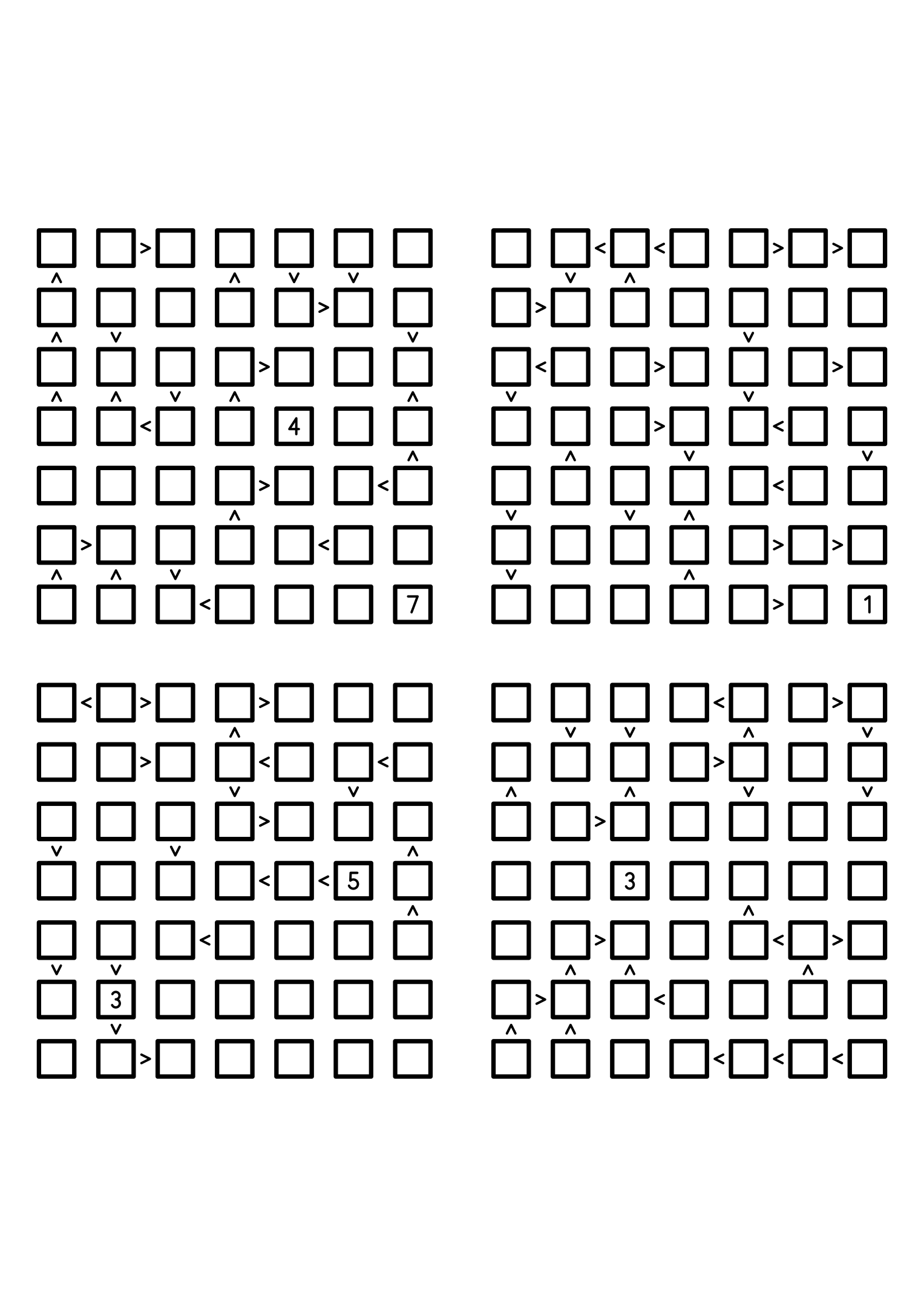 Four medium 7x7 futoshiki grids with few or no given digits and the signs that decide them. Level: Medium, 4 puzzles per page. Variant 2.