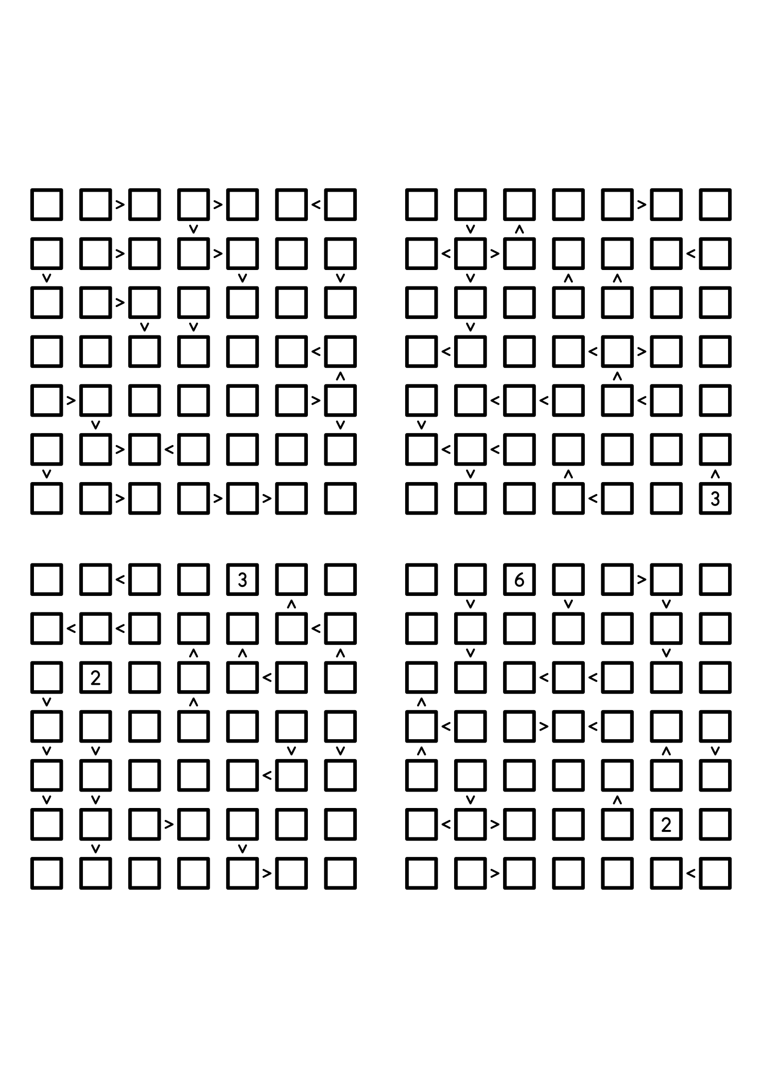Four medium 7x7 futoshiki grids with few or no given digits and the signs that decide them. Level: Medium, 4 puzzles per page. Variant 3.