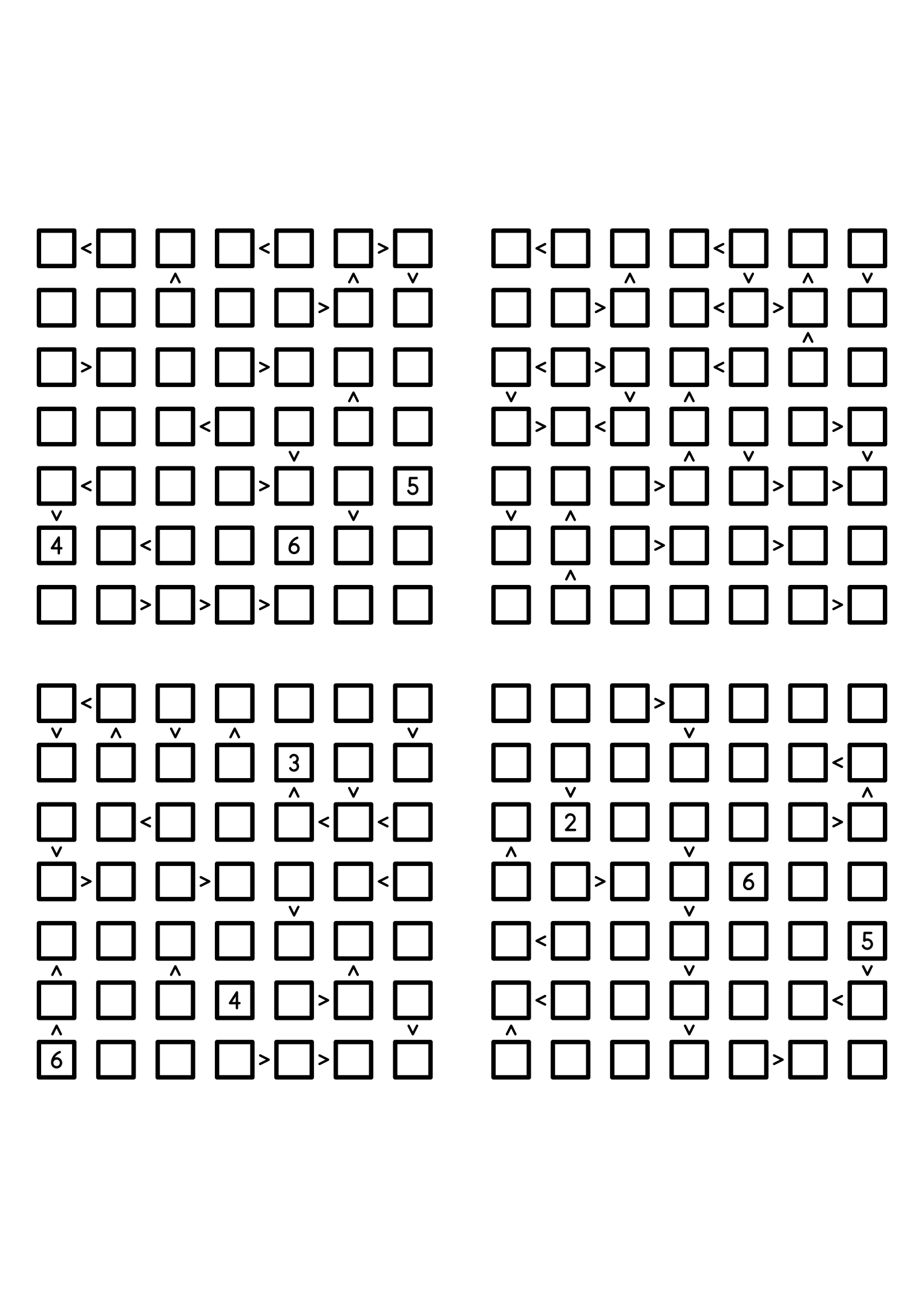 Four medium 7x7 futoshiki grids with few or no given digits and the signs that decide them. Level: Medium, 4 puzzles per page. Variant 4.