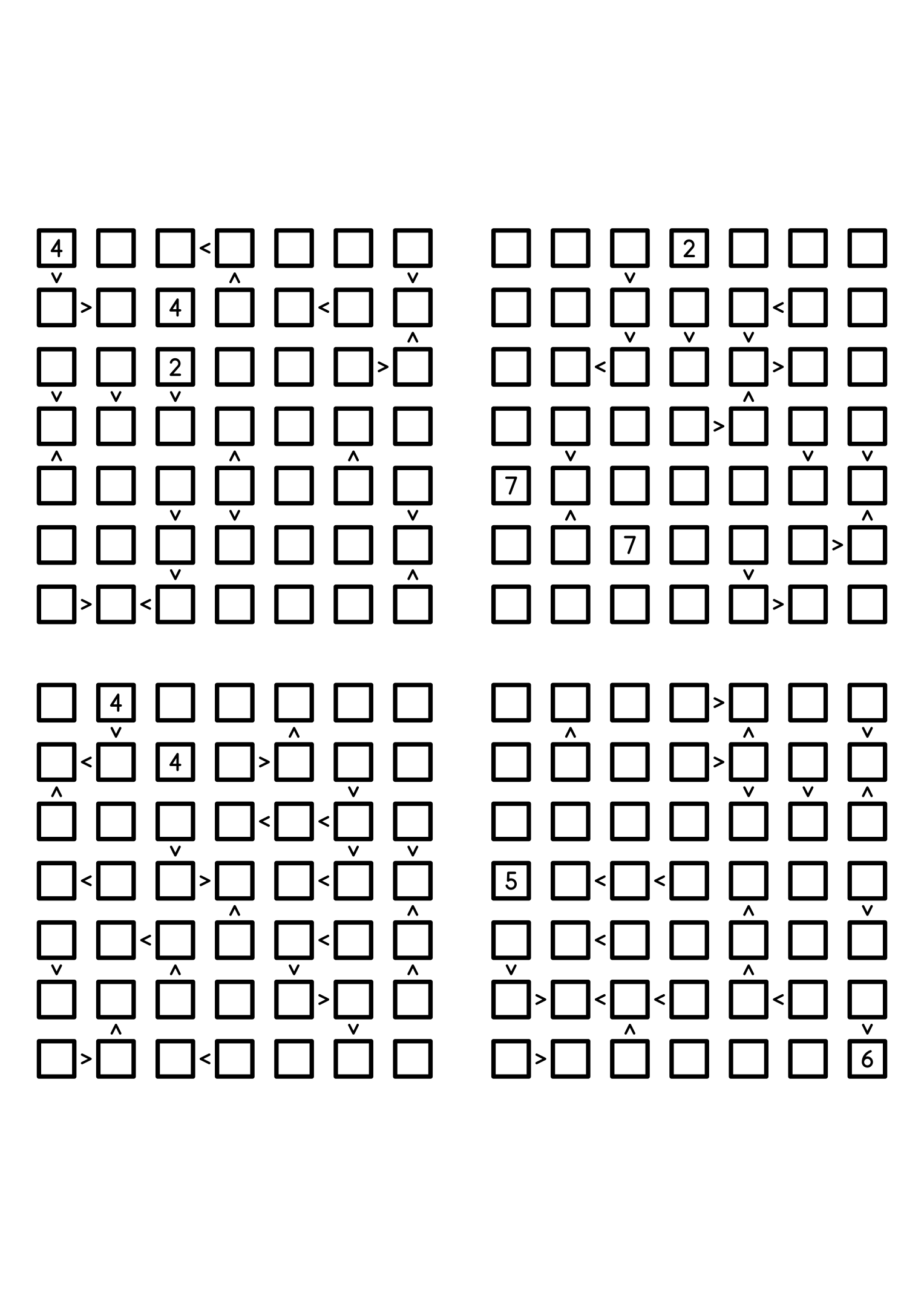 Four medium 7x7 futoshiki grids with few or no given digits and the signs that decide them. Level: Medium, 4 puzzles per page. Variant 5.