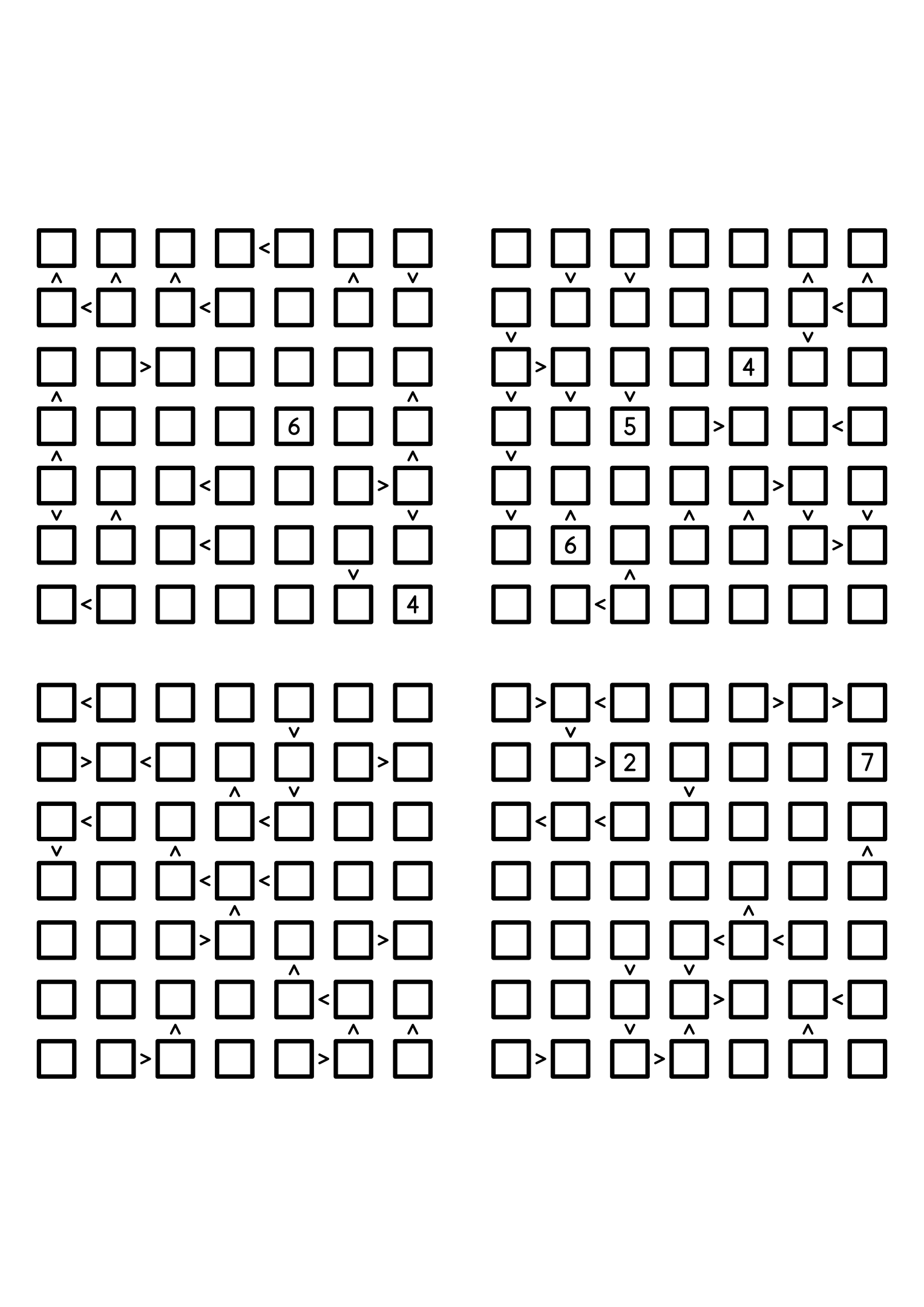 Four medium 7x7 futoshiki grids with few or no given digits and the signs that decide them. Level: Medium, 4 puzzles per page. Variant 6.