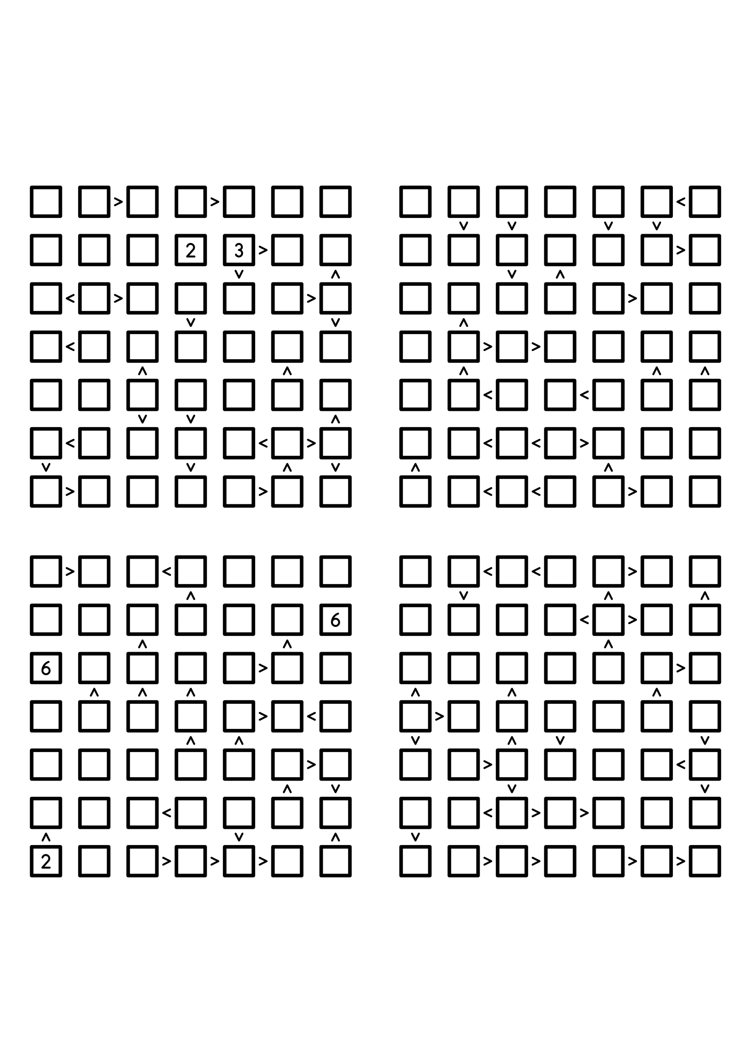 Four medium 7x7 futoshiki grids with few or no given digits and the signs that decide them. Level: Medium, 4 puzzles per page. Variant 7.